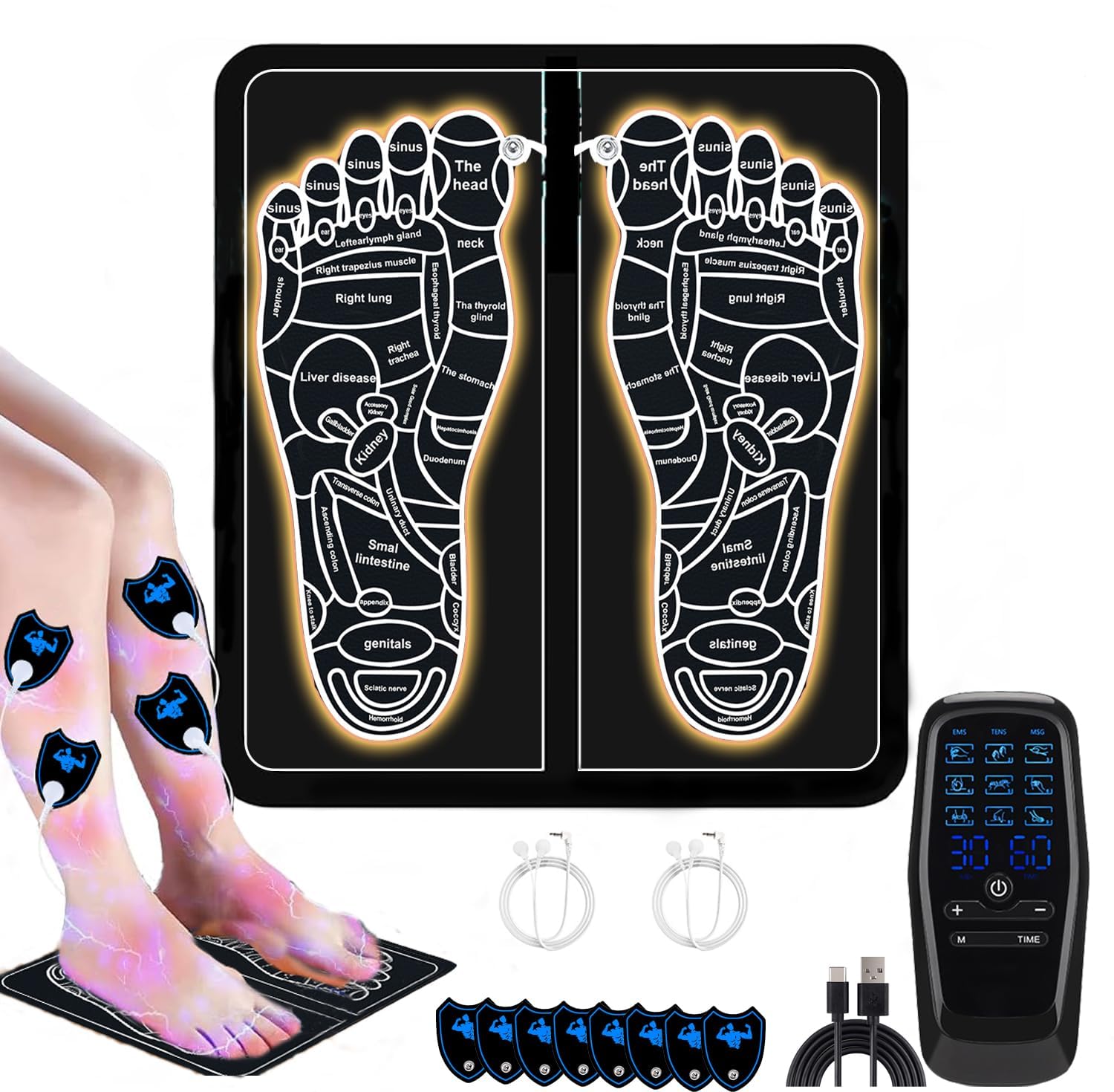 EMS masajeador de pies, masajeador de pies eléctrico portátil con 9 programas de masaje 30 niveles de intensidad, para la circulación sanguínea alivio del dolor muscular, EMS pie ma