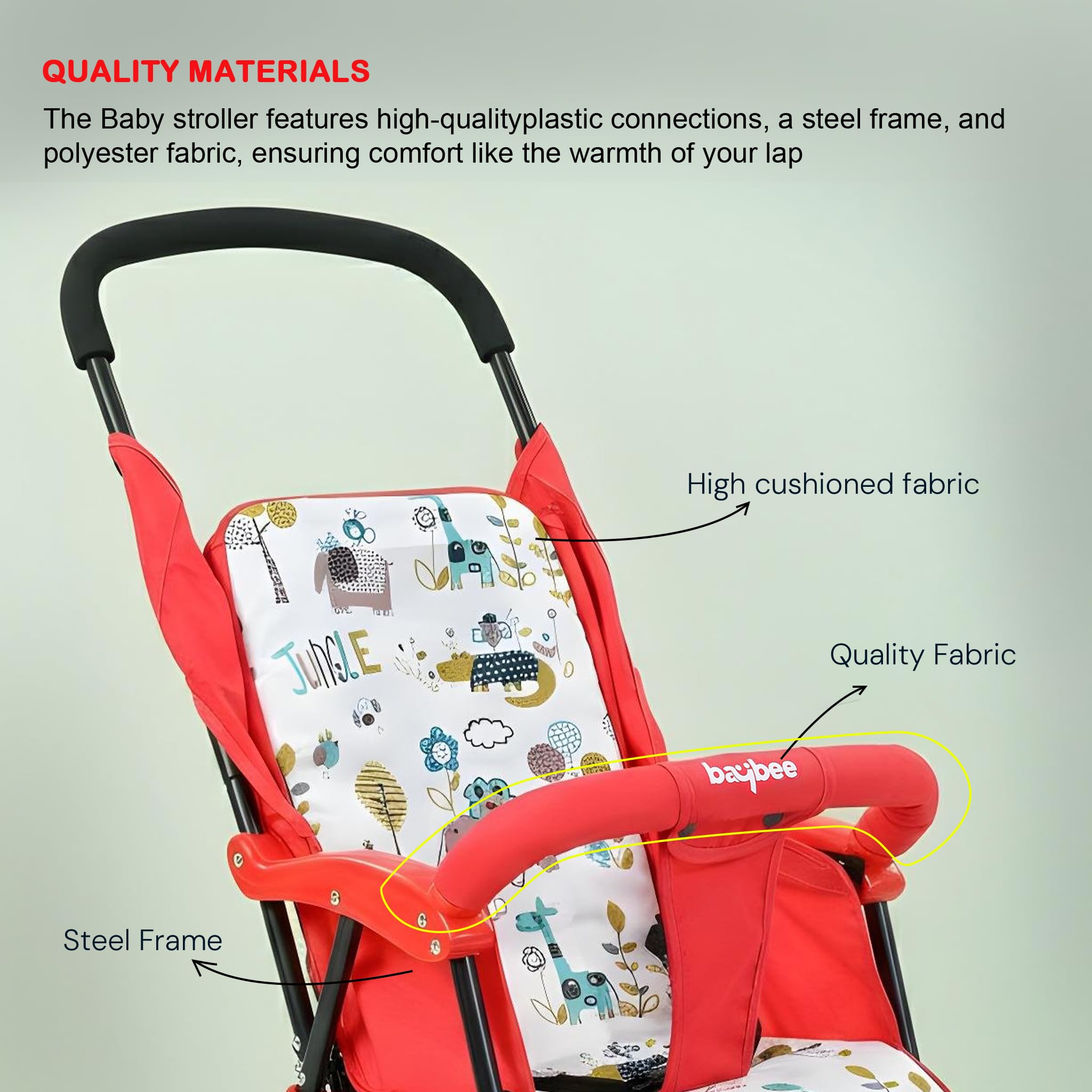 Baybee Stroller for Baby Boy 0 to 5 Years, Adjustable & Removable Canopy, Front Swivel Wheels, Rear Wheel Brakes, 2 Point Safety Belt, One Click Foldable Pram Strollers for Kids (Red) 4