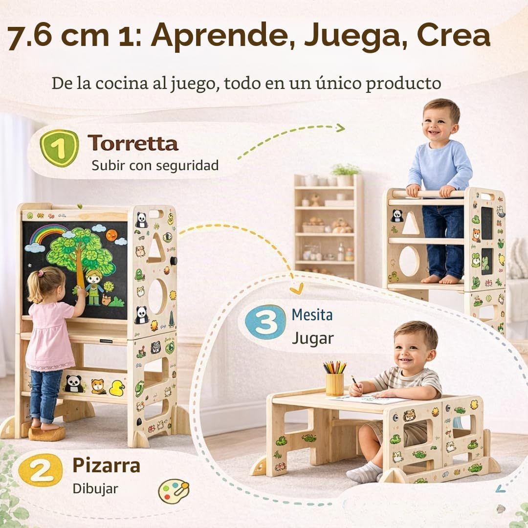 Torre de Aprendizaje Plegable 3 en 1 de Madera - Escalera Montessori Estable, Pizarra y Mesa Infantil Desde 18 Meses para Estimular Autonomía y Creatividad (120 Adhesivos Incluidos)