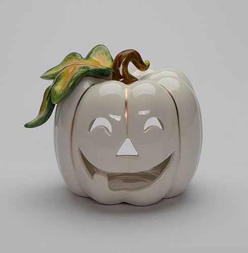 Miniatura 2 de 21073 Portavelas de cerámica fina de Halloween blanco con té de calabaza dorado, 5 pulgadas de largo