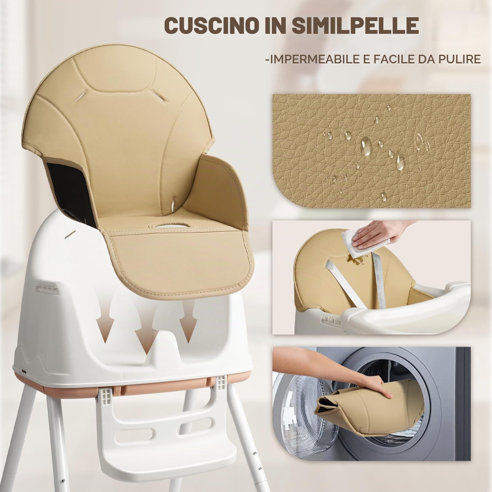 Seggiolone pieghevole 4in1, Reclinabile e regolabile in altezza, con vassoio estraibile e rotelle, Seggiolone regolabile con cintura a 5 punti, Beige