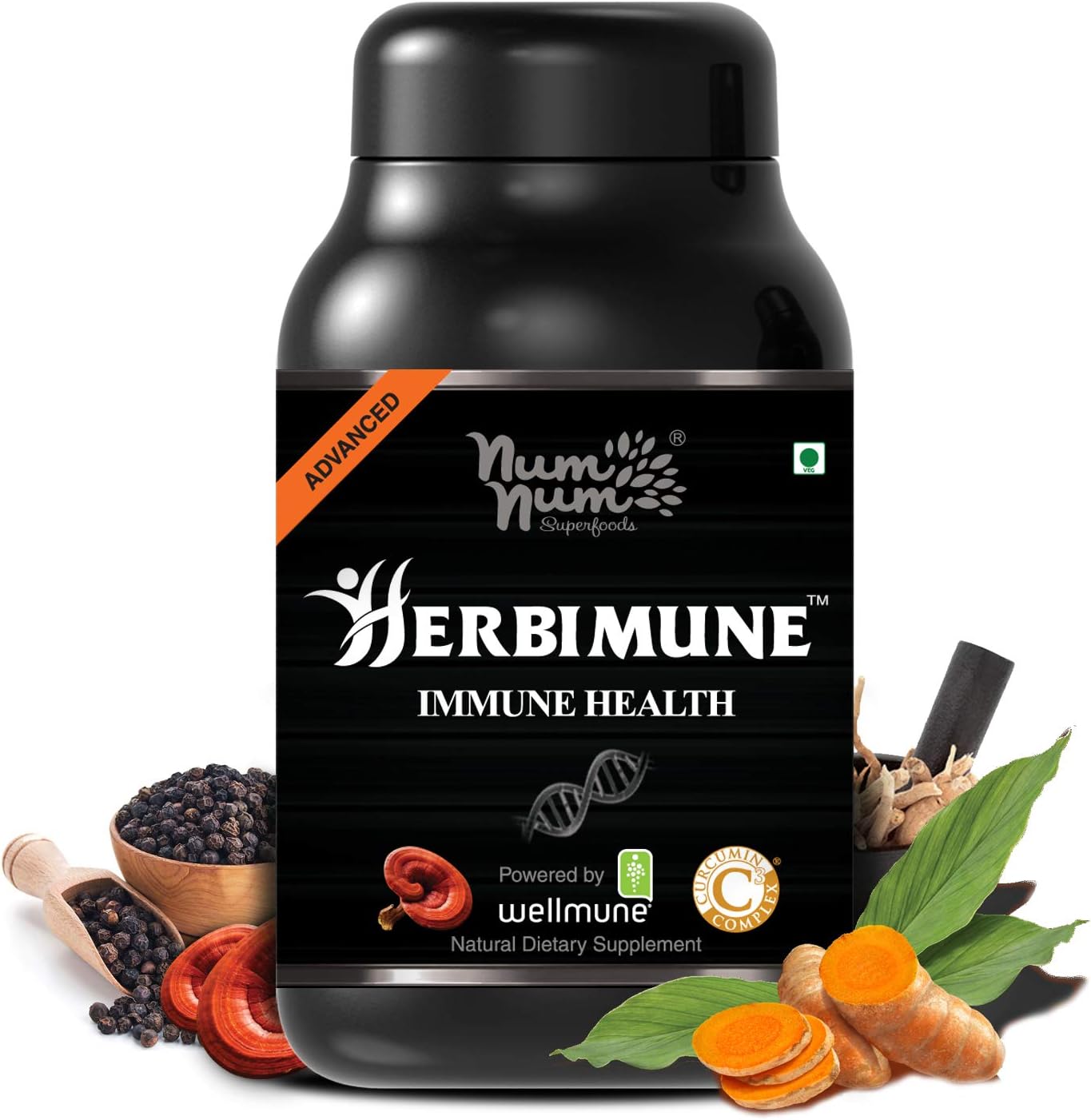 NUM NUM SUPERFOODS Immune Health Booster Powered by Reishi Mushroom Extract Curcumin C3 Complex Curcumin Wellmune Beta Glucan Ashwagandha with Bioperine