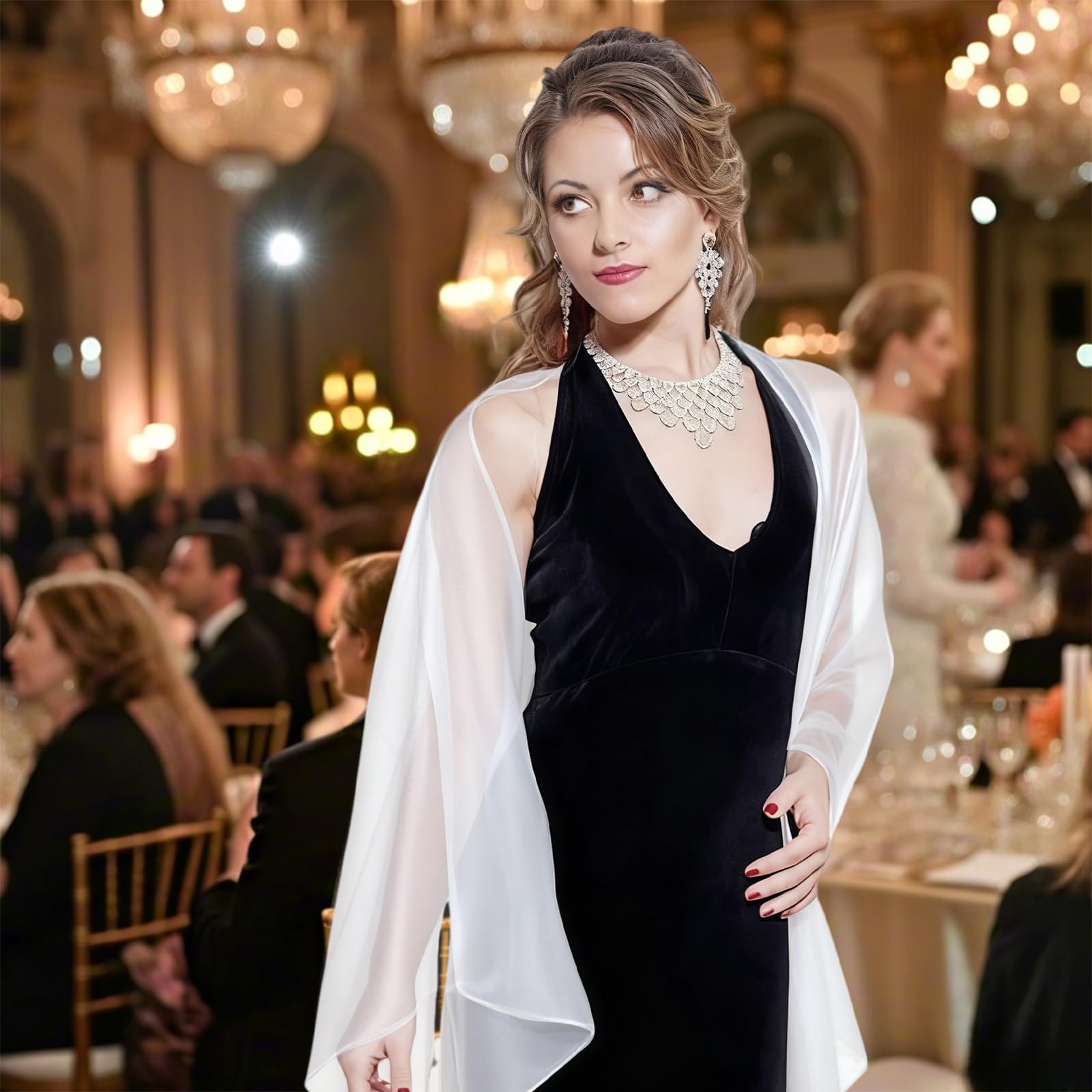 Szal na suknię wieczorową, Elegancki szal ślubny dla kobiet na uroczystości, na wieczorne przyjęcia, codziennego użytku, Elegancki szal dla druhny ślubnej, biały, 170 x 70 cm