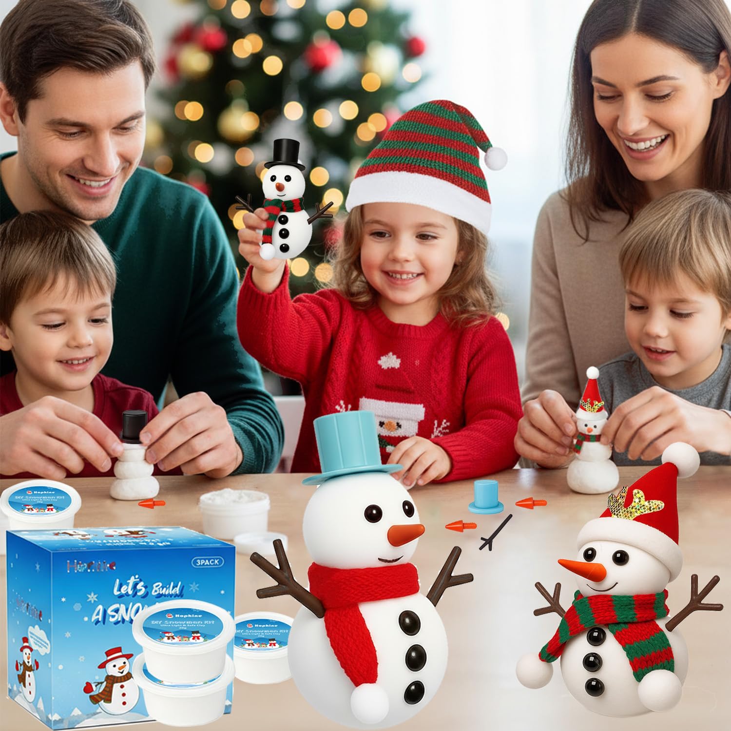 Hophine Schneemann-Set zum Selbermachen – Schneemann-Set mit Schneemann-Thema-Karte und silberfarbener Schneeflocken-Kordelzugtasche, perfektes Weihnachtsbasteln für Kinder, Urlaubspartys und
