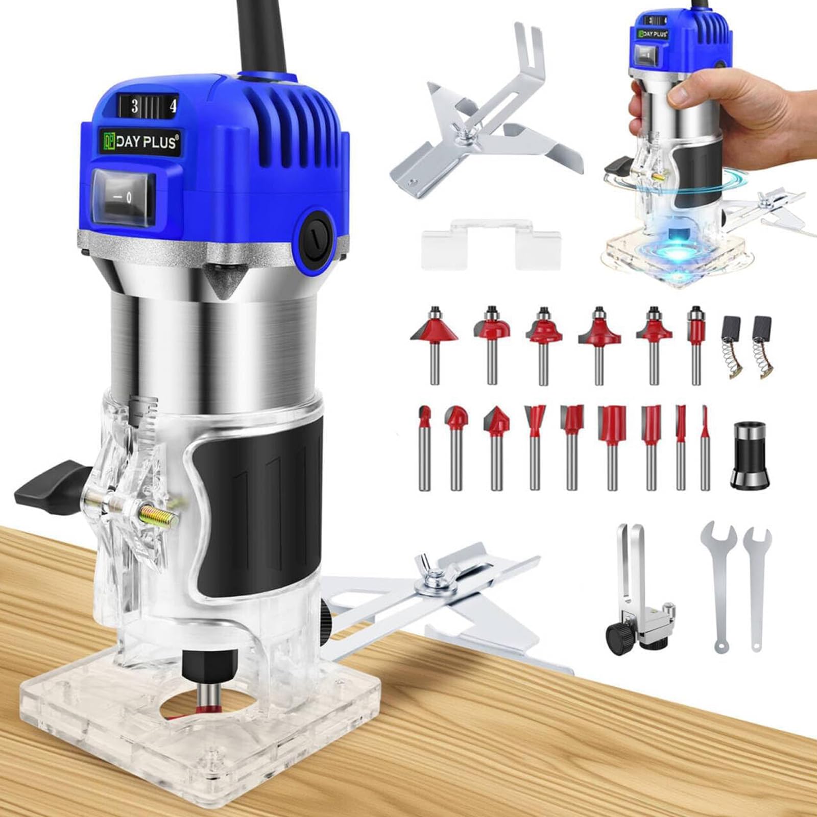 Wood Palm Router Tool with Trimmer Transparent Base, 15Pcs 1/4"(6.35mm) Bits Set and Straight Guide, 800W Electric Handheld Router 4000-30000 RPM, 6 Variable Speed, for Woodworking, Blue