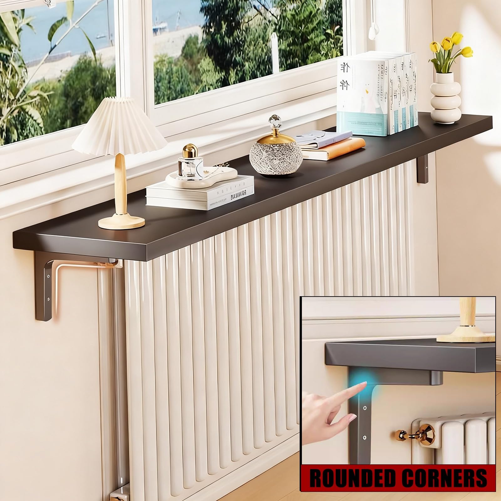 Estante para radiador de Pared - Estante Rectangular de Madera Negra con Soportes metálicos para Sala de Estar y Dormitorio (47x12 Pulgadas 120x30 cm) - Decoración Elegante y Funcional