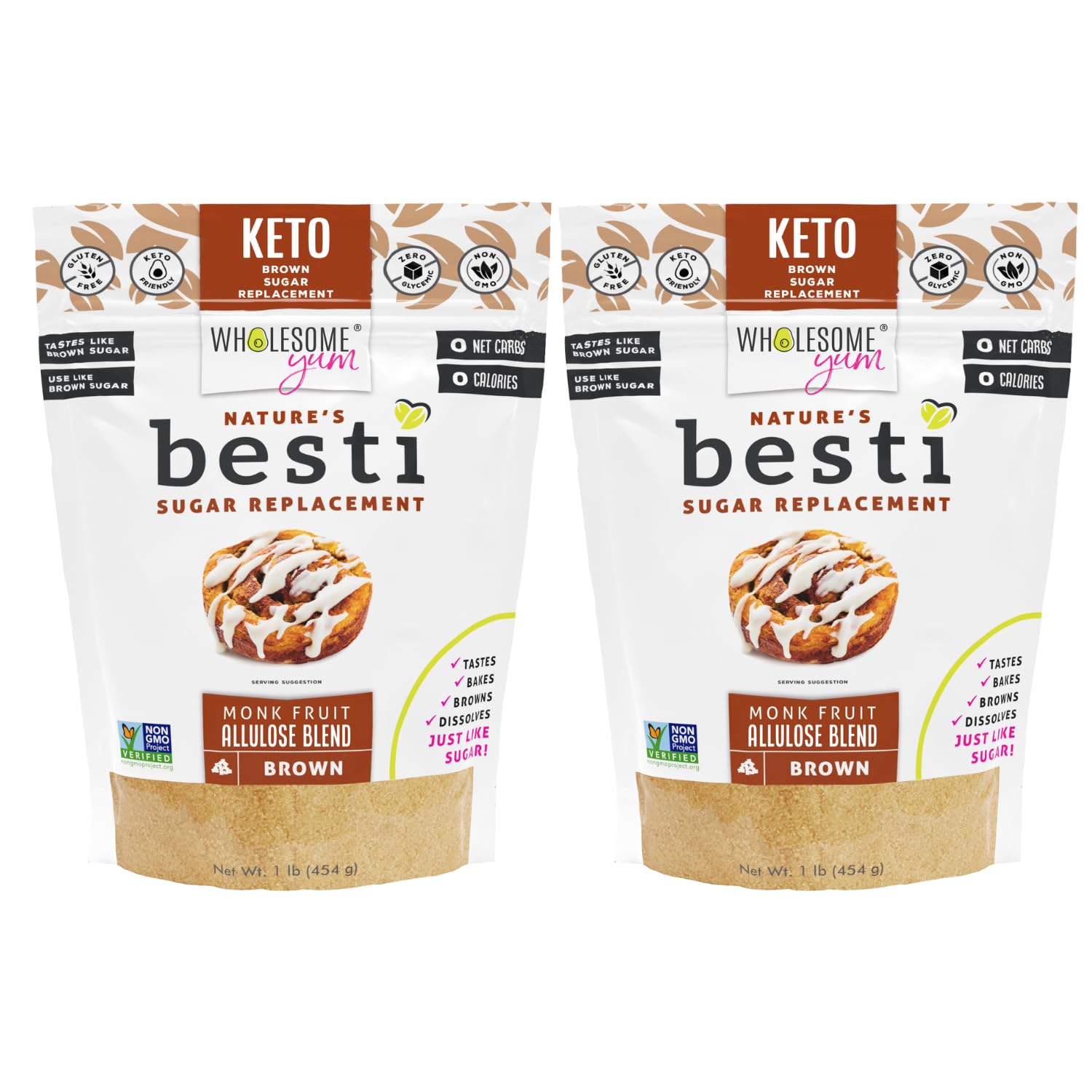 Wholesome Yum Besti Natural Brown Sugar Substitute - Brown Monk Fruit Sweetener Blend With Allulose (No Erythritol) - Keto, Non GMO, Zero Carb, Zero Calorie, Sugar Free, No Aftertaste (1 lb) 2 Pack