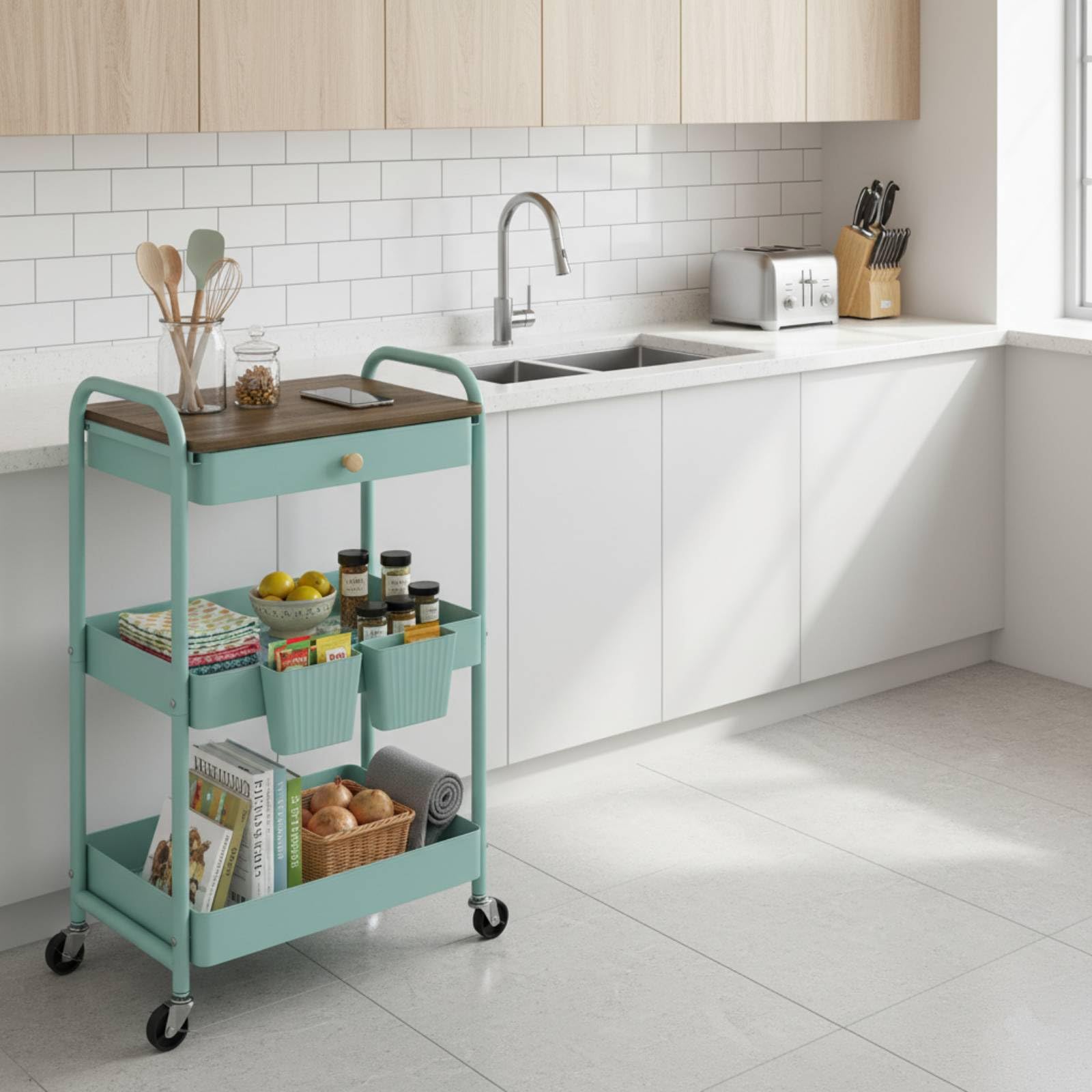 danpinera Carrello a 3 livelli, in metallo, con tavolo e cassetto in legno, carrello portaoggetti con tazze appese per cucina, bagno, ufficio