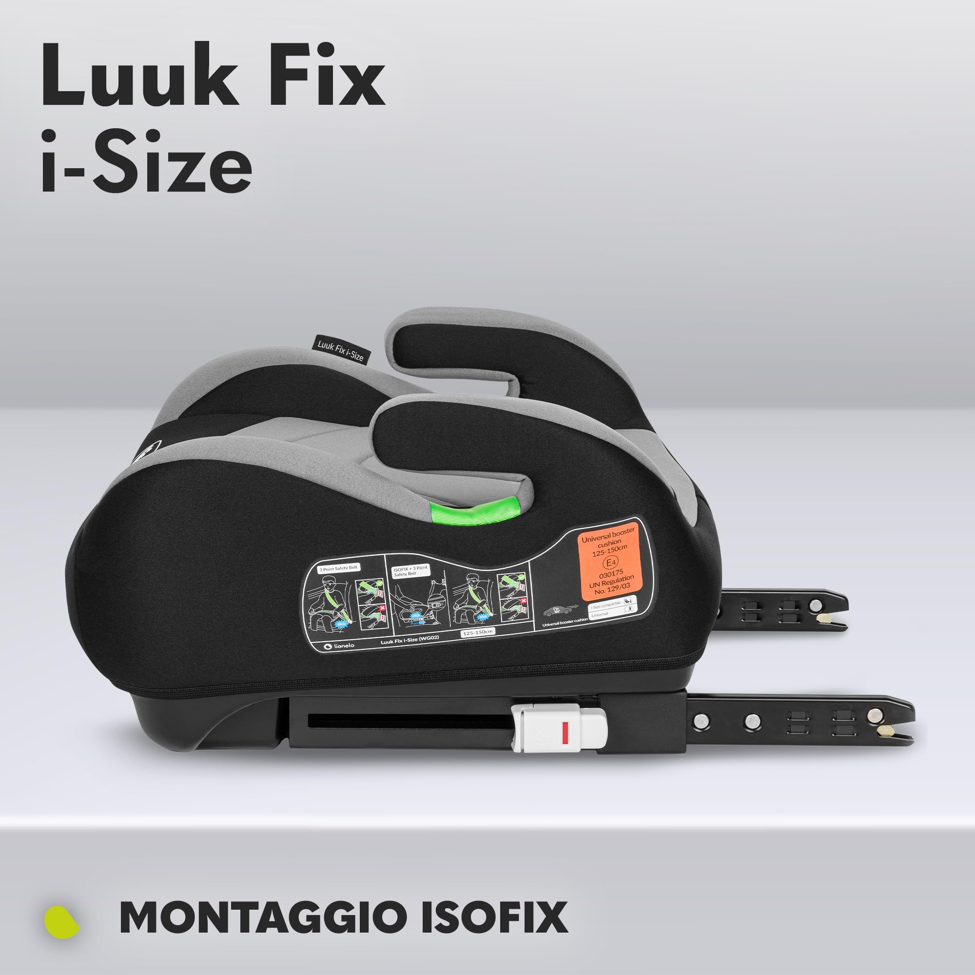 LIONELO Seggiolino Auto Rialzo LUUK FIX I-Size con ISOFIX per bambini 125-150cm / 22-36kg Leggero, Indicatori Installazione, Schiuma Confortevole, Rivestimento Traspirante Lavabile, Braccioli, Leggero