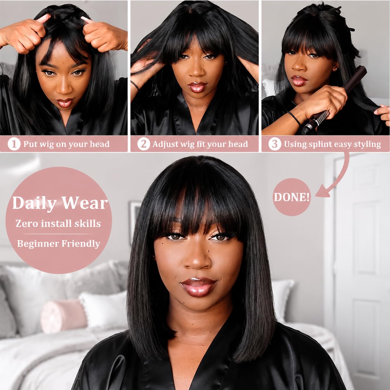 Straight Bob Wig Human Hair with Bangs, Glueless 2x4 HD Lace Closure