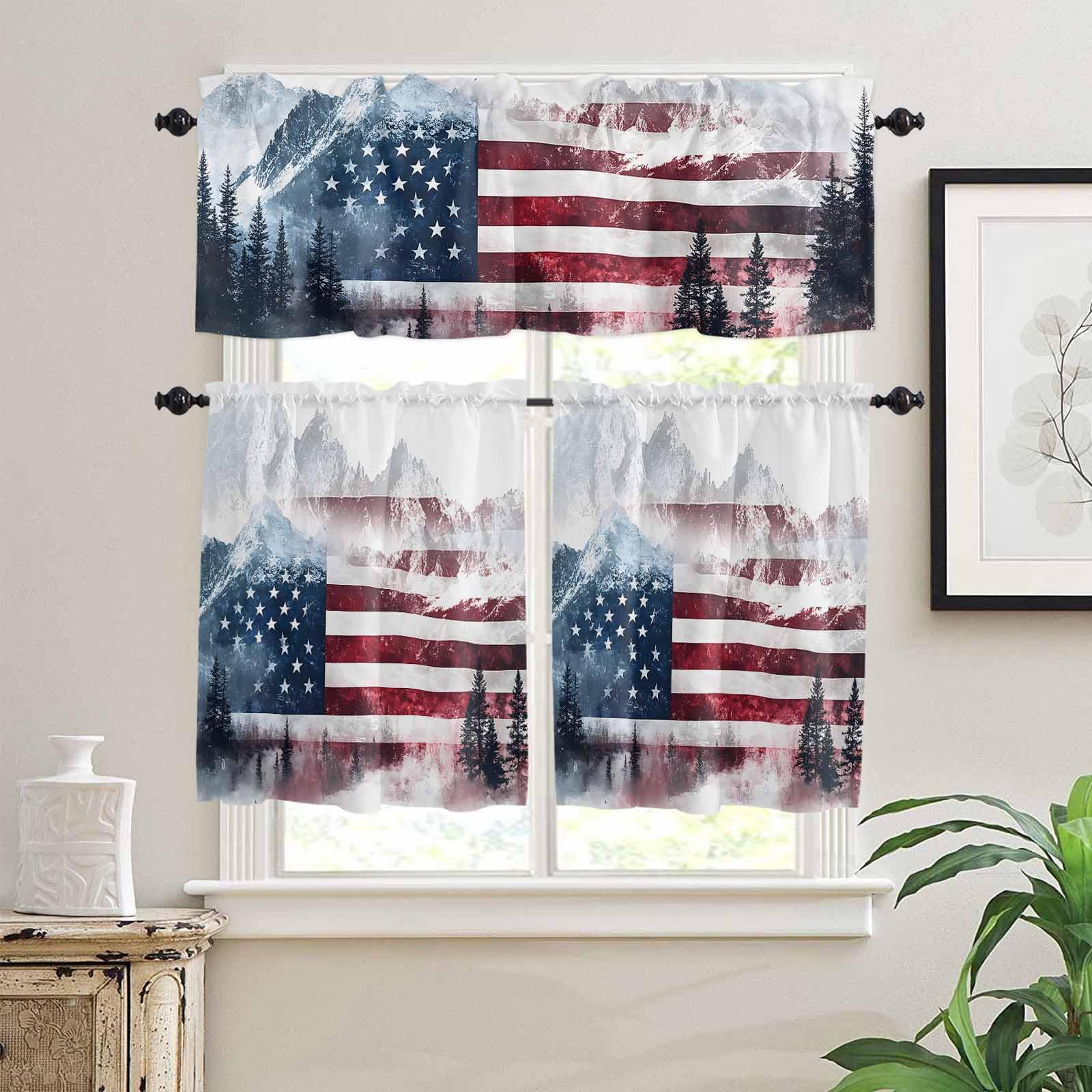 4th of July Kitchen Curtains 24 Inch Length, 3 Piece Rod Pocket Small Half Tiers and Valance Set, USA Flag Forest Independence Day Small Large Window Treatment Decor for Bedroom/Bathroom Sink