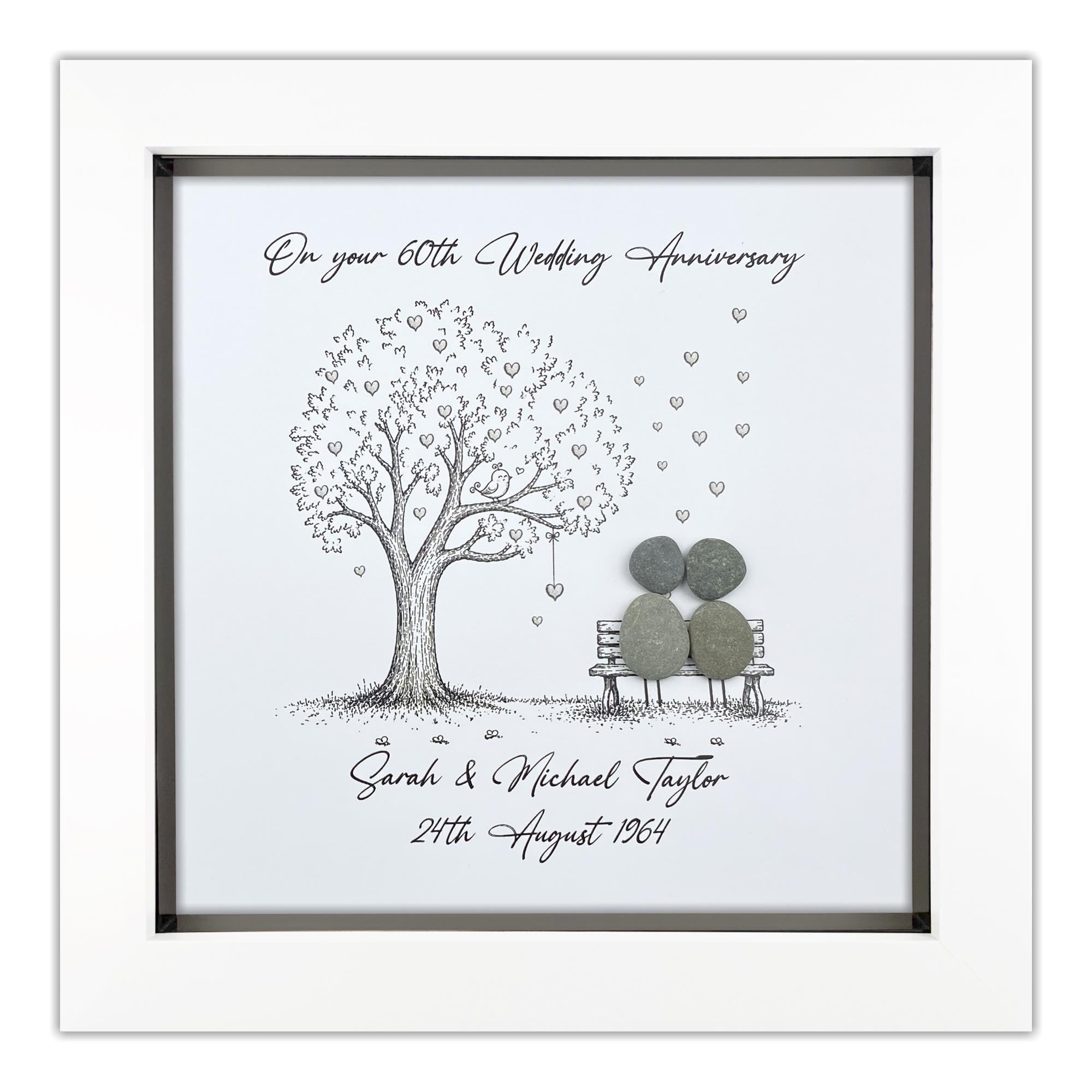 Handmade Personalised 60th Wedding Anniversary Pebble Art Gift, Diamond Anniversary Pebble Picture Keepsake, Mr & Mrs Gift, 8 Inch Frame (White Frame)