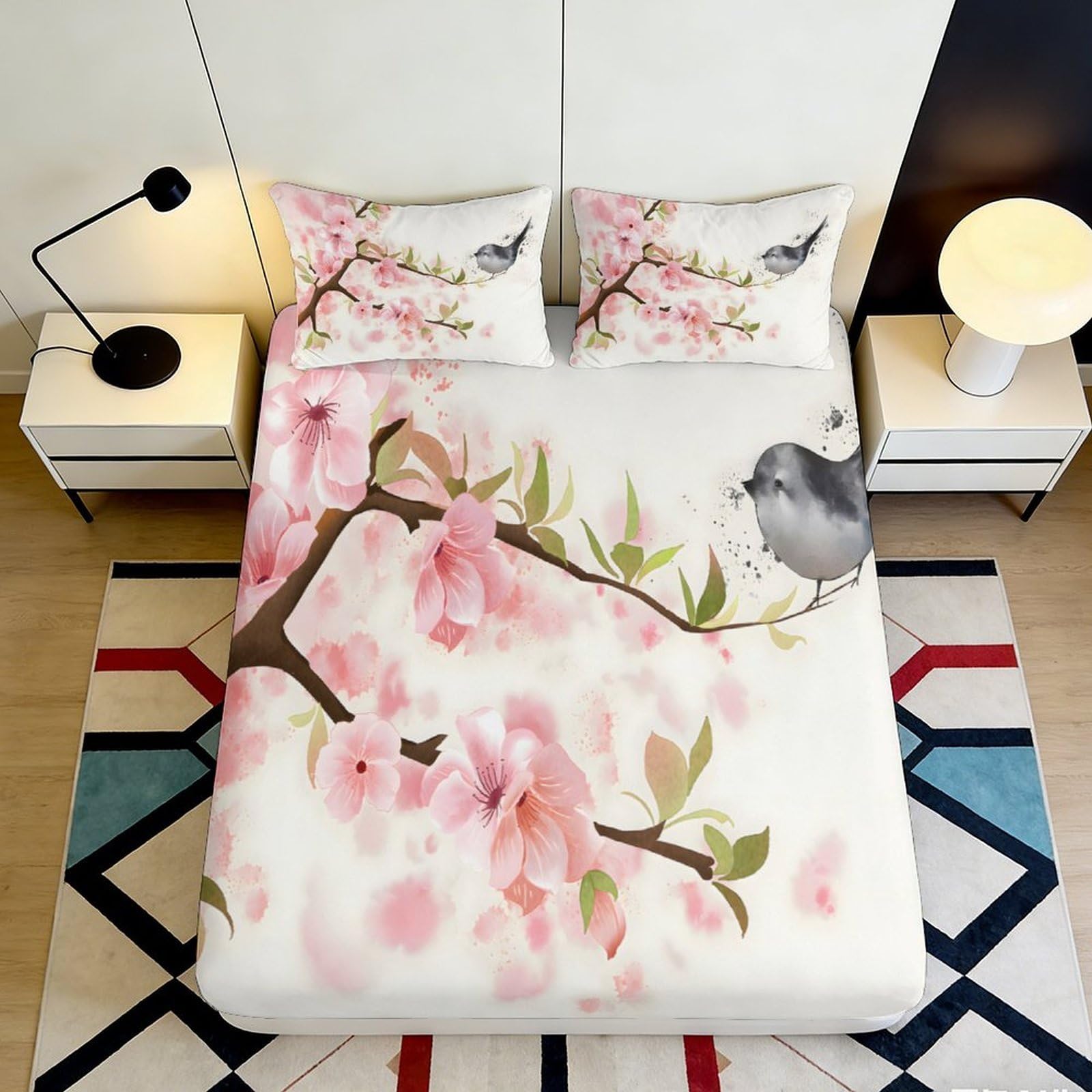 3D Printed Cherry Blossom Fitted Sheet Microfiber Soft Breathable Bird Branch Mattress Cover for Bedroom Guest Room Decor 90x200x25cm