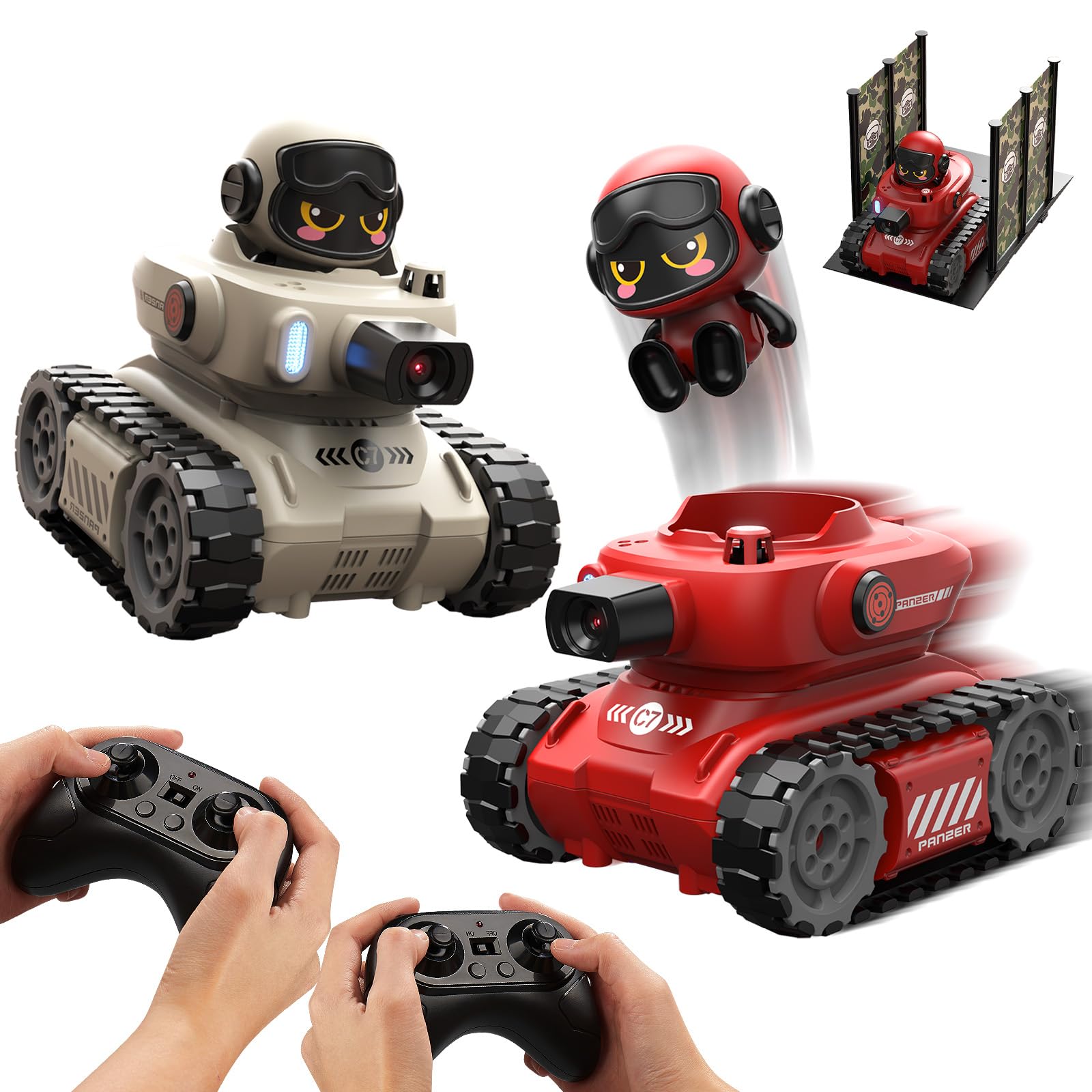 QQCHGOL Infrared Battle RC Tank, 2.4GHz Remote Control Shooting Tank Toy with Ejectable Pilot, Health Restore Sensor Station, Multiplayer Fighting Game, Rechargeable RC Tank Gift for Boys Girls