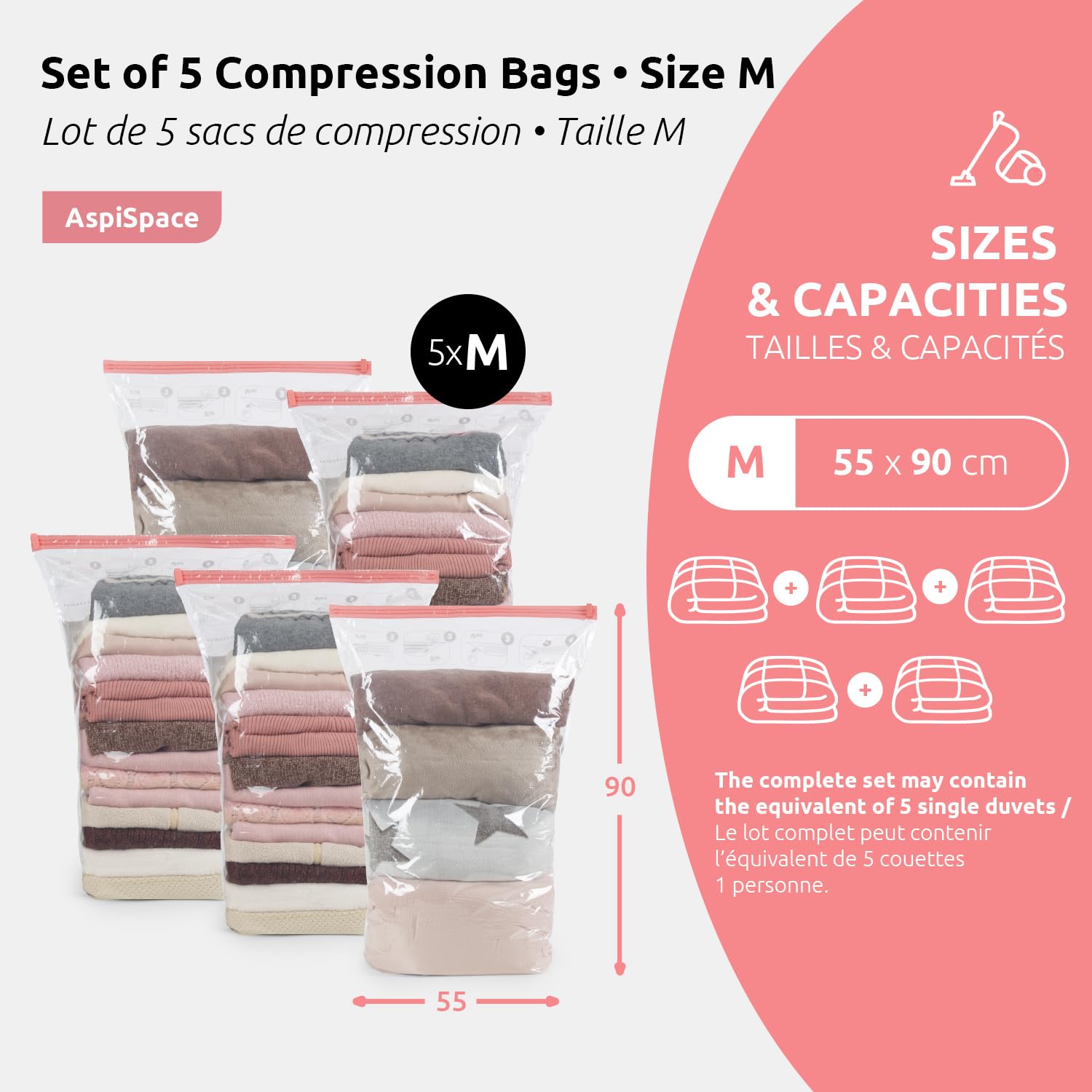 Visiter la boutique Compactor Compactor - Lot de 5 sacs de rangement sous vide - Taille M 90 x 55 cm - Rangement sous vide pour vêtements, couettes et oreillers in use