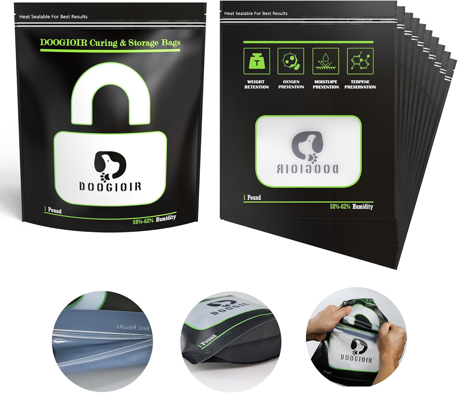 1 LB Curing & Storage Bags, Curing and Food Storage, Double-Tracked Zip Closure Heat Sealable Upright, Reusable Humidity Control Cure Bags (15.94 x 12.99 inch, 10 Pack)