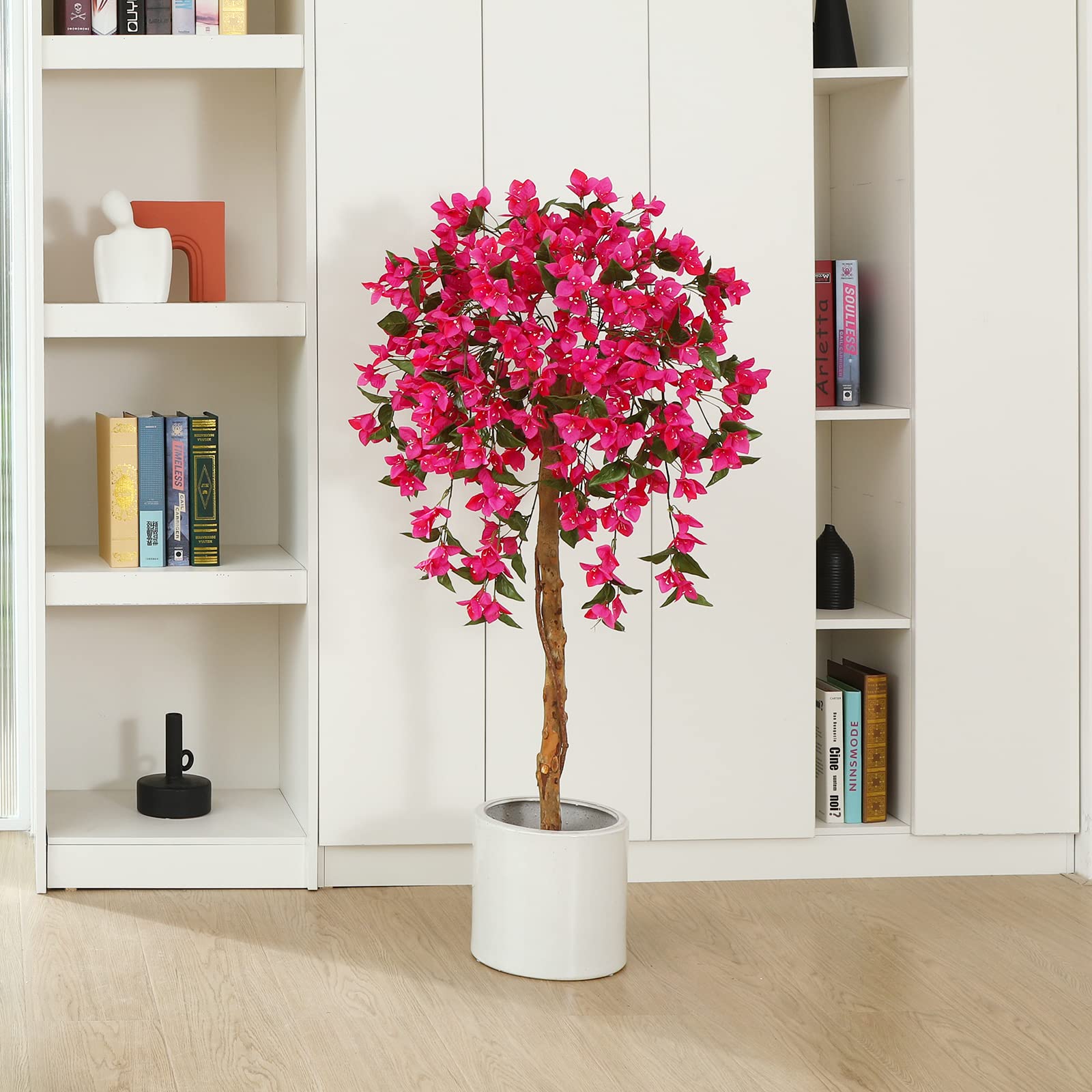 Fopamtri Kunstpflanze Kunstbaum mit Blüten 120 cm Künstliche Pflanzen im Topf Groß Rosa Fake Pflanzen für Indoor Outdoor Schlafzimmer Büro Garten Dekoration (2 Stück)