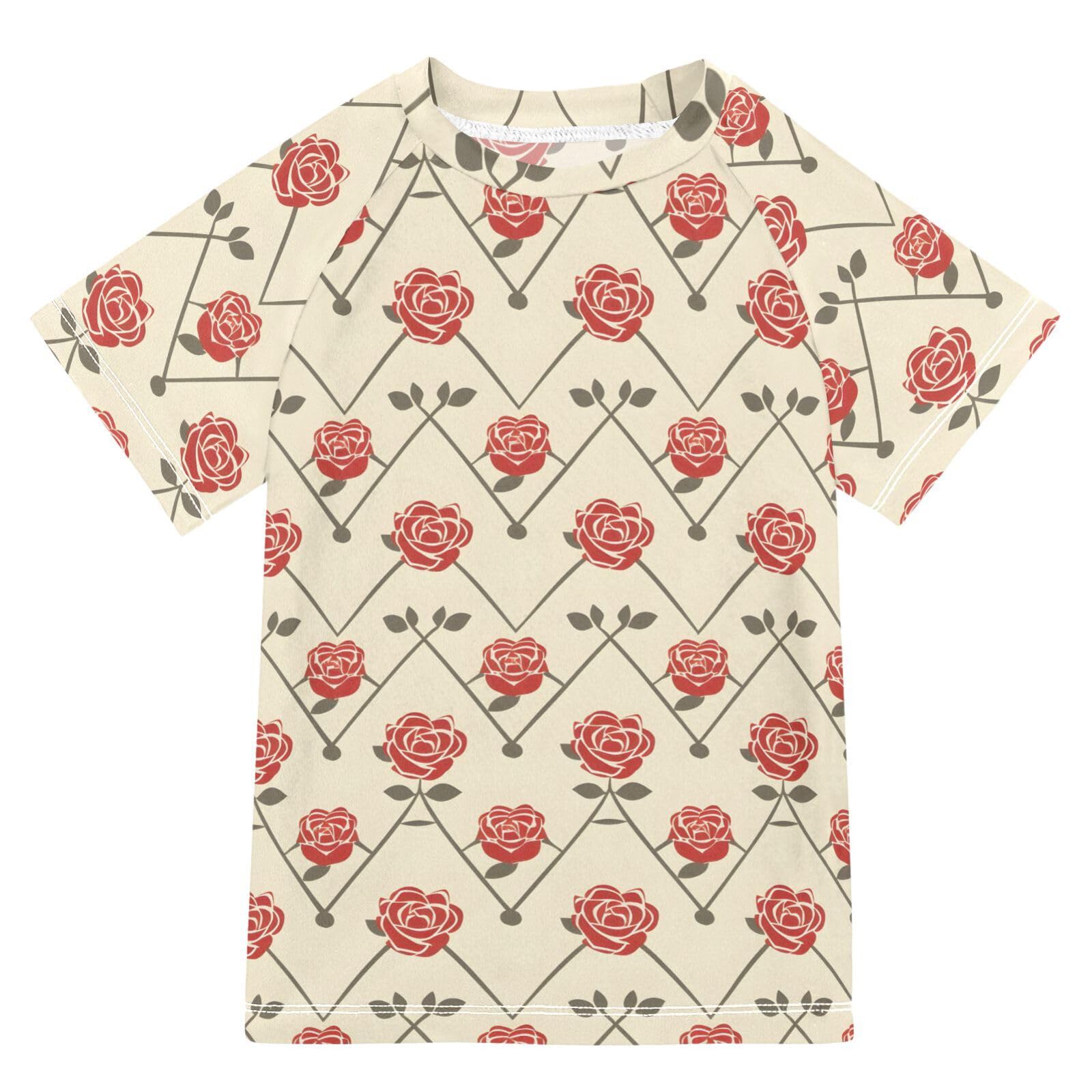 ALAZA Kids Rash Guard Boys Toddler Swim Shirts Short Sleeve Roses Vintage UPF 50+ 3T