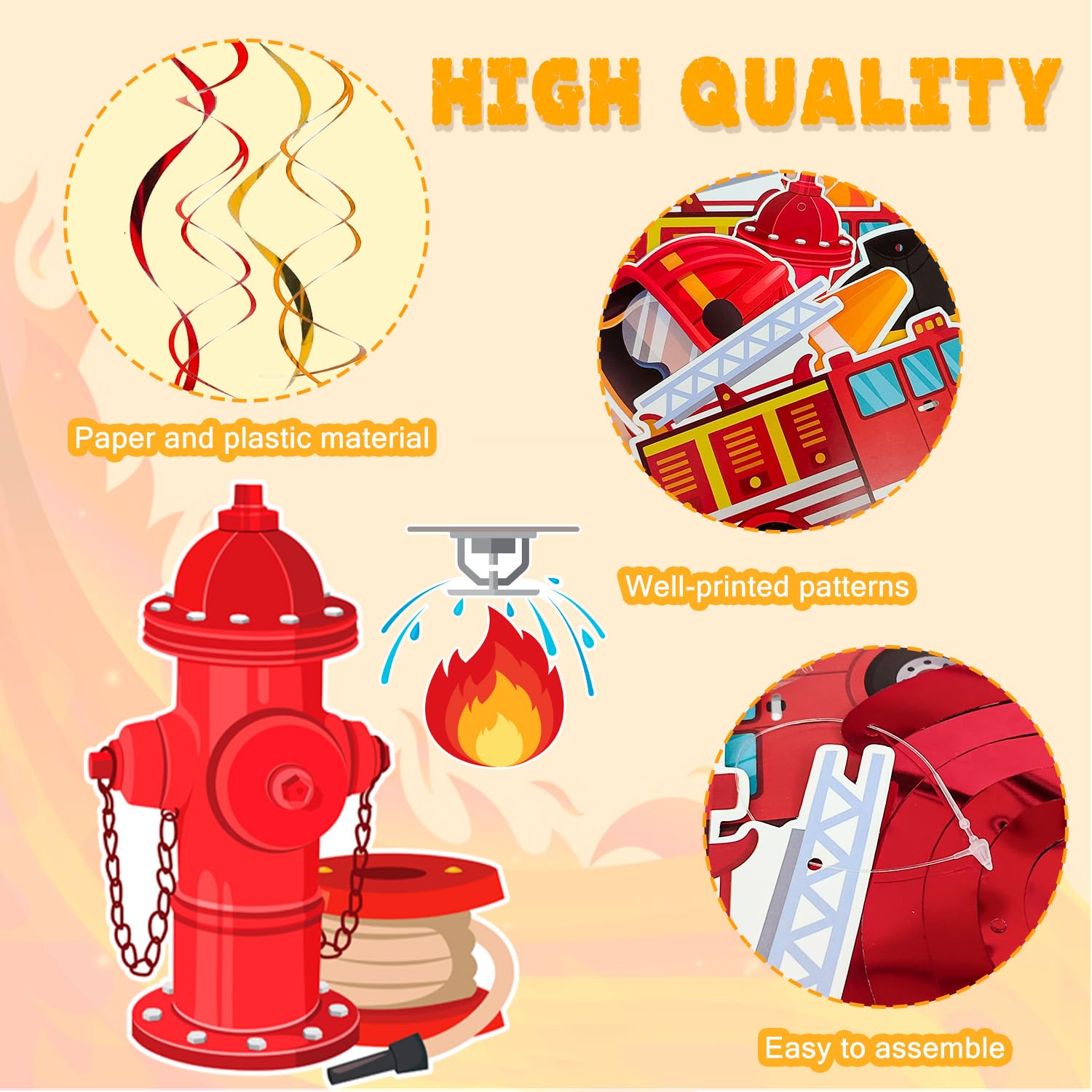 36-teilige Feuerwehr-Party-Deko: Hängende Folien-Wirbel & Karten – Für Mottoparty, Geburtstag & Babyshower
