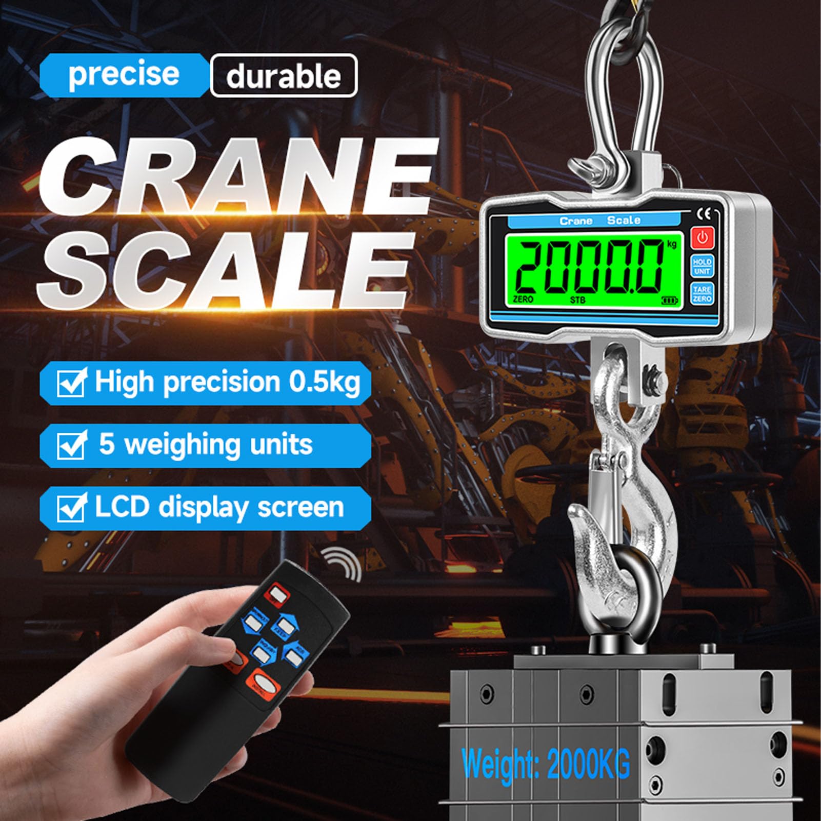 Báscula de Grúa Digital, Báscula Colgante Industrial de Aluminio de 2000 Kg y 4400 Lb con Unidad de Pantalla LCD de 5 Dígitos de 0,8 Pulgadas Función de Reinicio a Cero