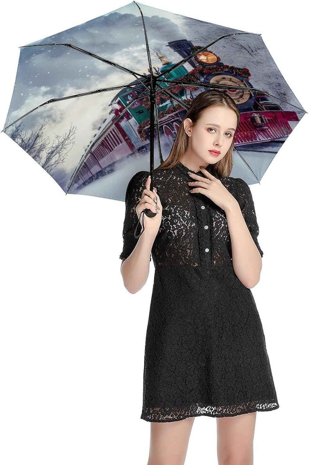 Christmas Train Steam Engine Windproof Travel Umbrella Compact Portable Automatic Umbrella for Sun Rain