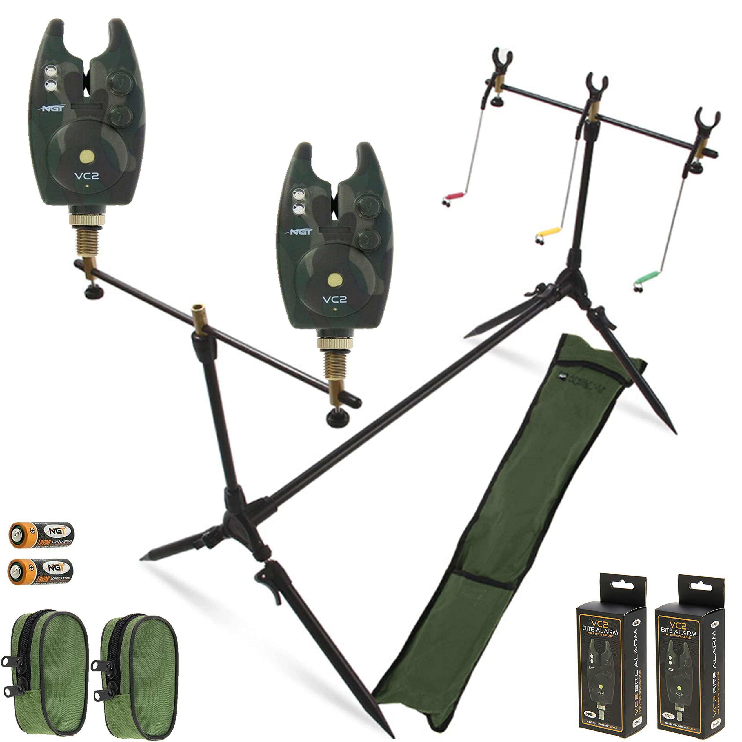 angling pursuits NEW NGT CARP FISHING MULTI ROD POD WITH SWINGERS + 2 VC2 Bite Alarms + Batteries