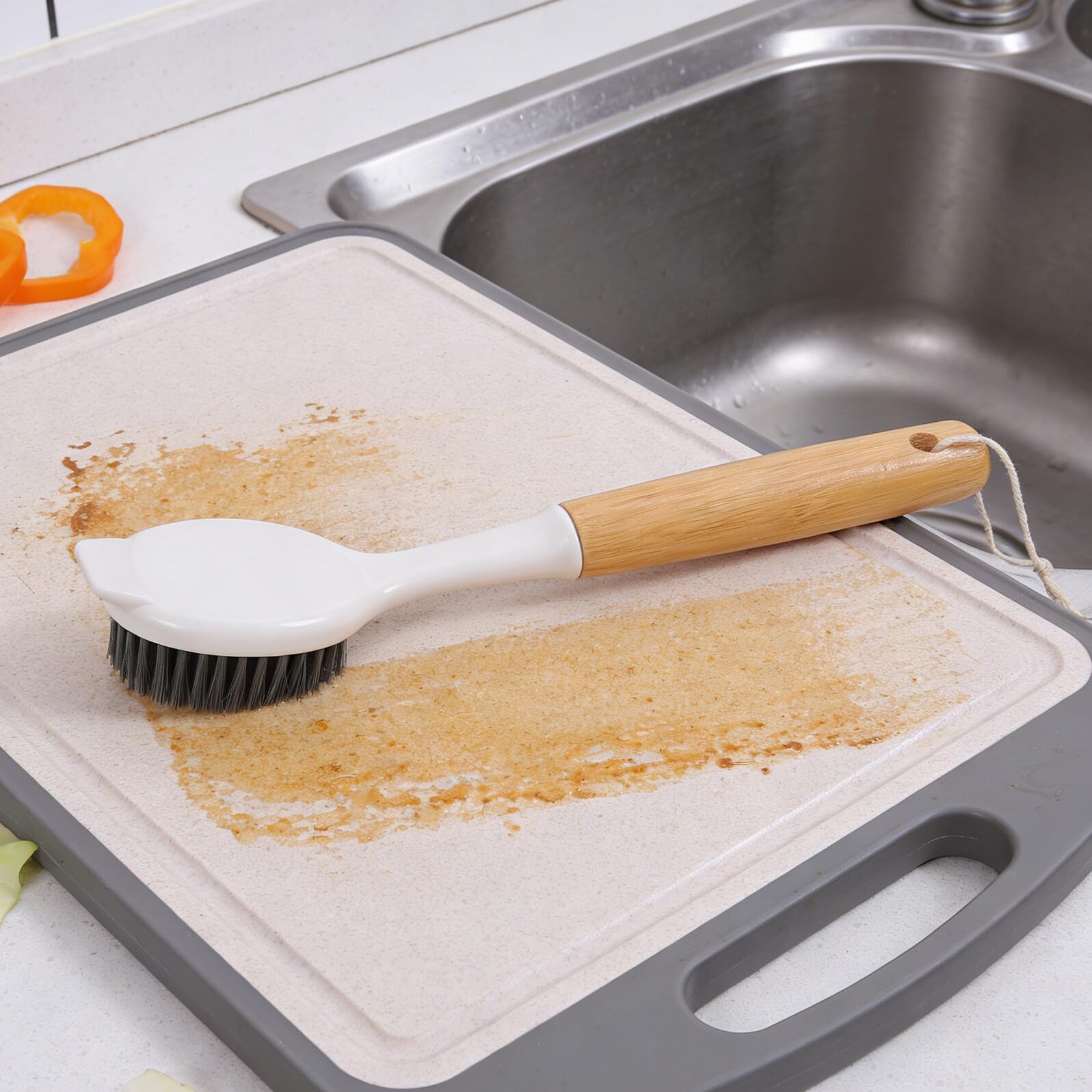 Cepillo para Fregar Platos de Cocina de Bambú con Mango Largo 2 Piezas