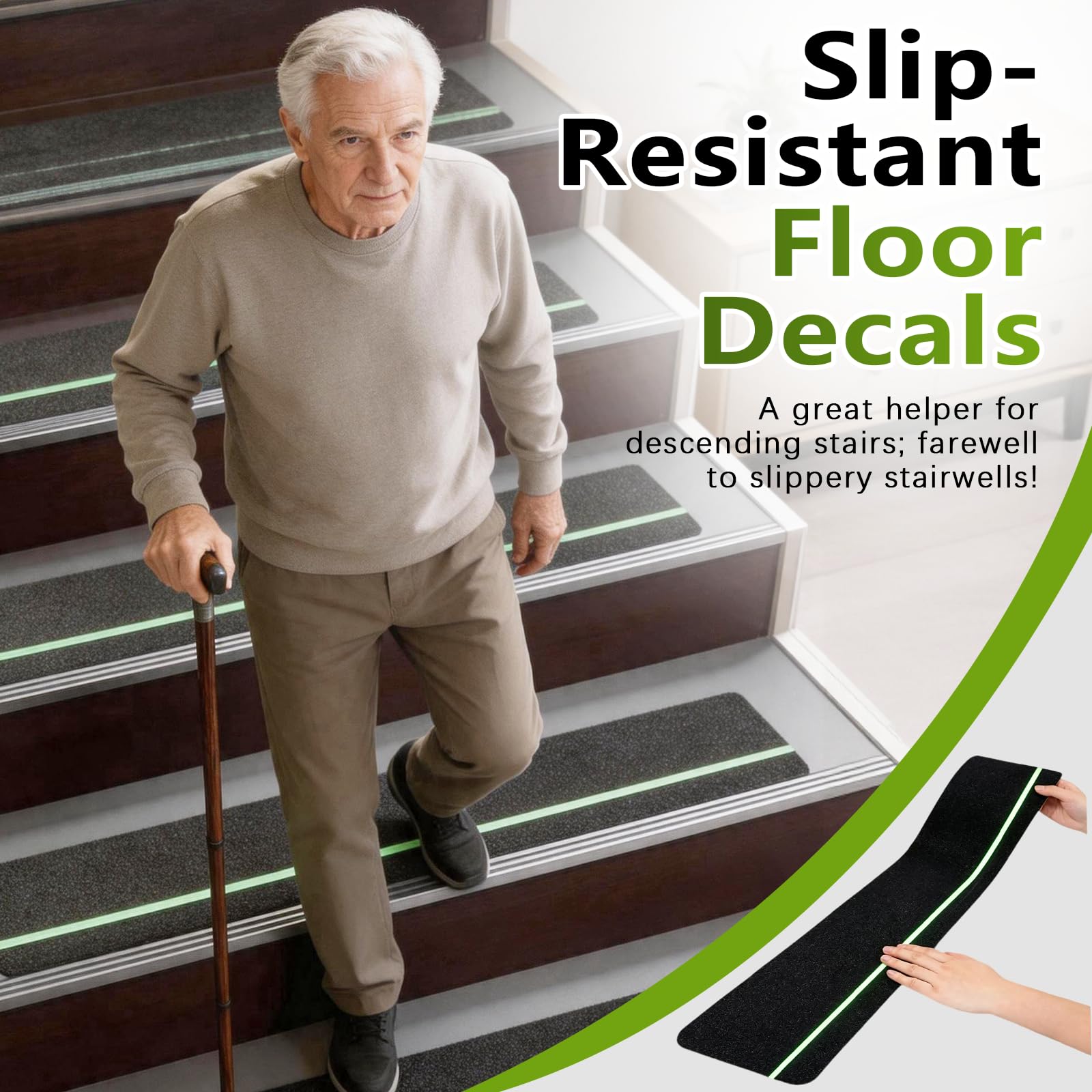 Marches D'escalier, 20 Pièces de 15 x 76 cm Ruban Antidérapant avec Bandes Fluorescentes de 6 mm Bande Antidérapante Escalier Prédécoupé et Autocollant pour Escaliers Entrées Rampes et Ateliers