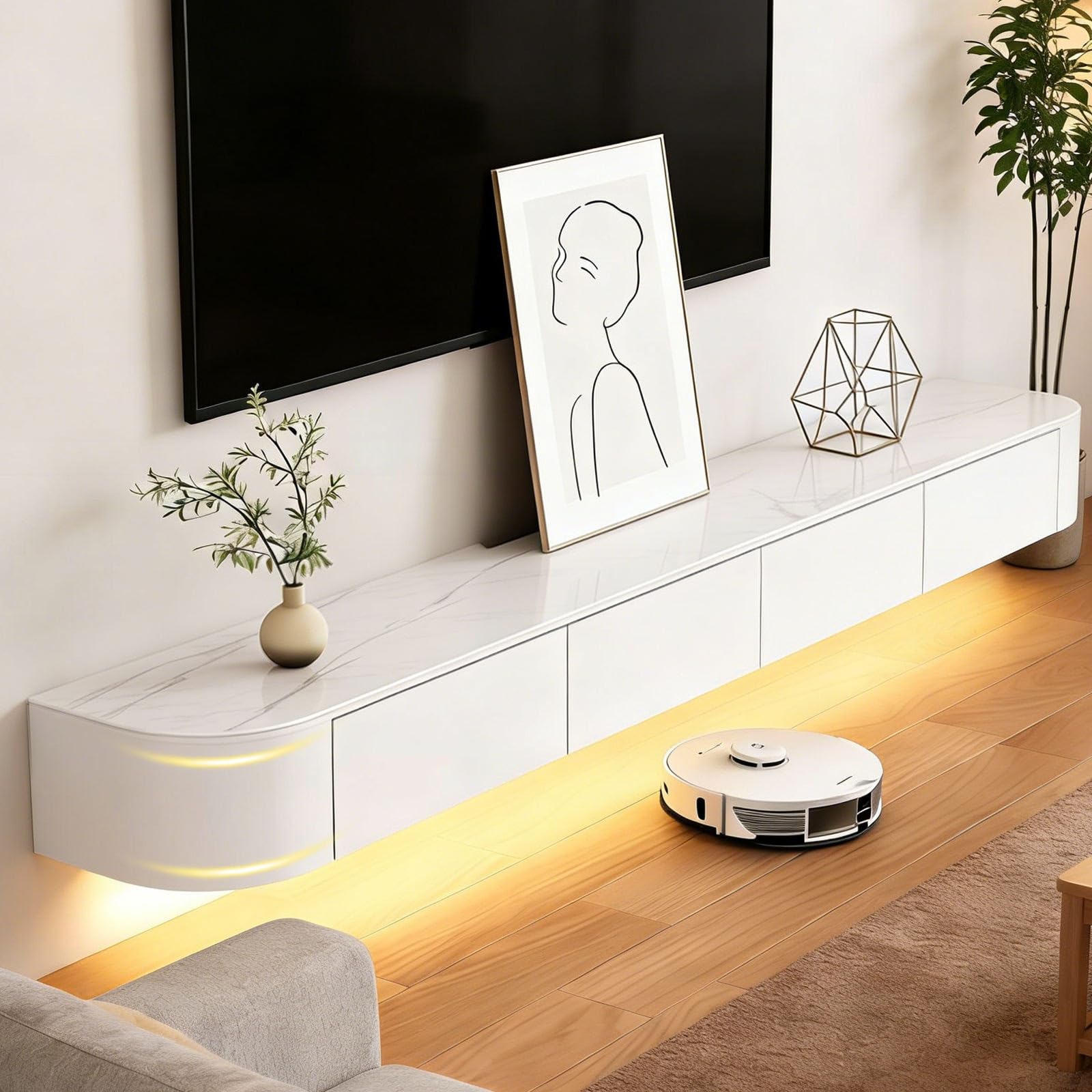 Modern Floating TV Stand with Storage Wall Mounted Media Console Entertainment Center for 47-118 Inch TV Solid Wood TV Cabinet with Drawers & Shelves for Living Room Bedroom(Rock White led,47.2IN)