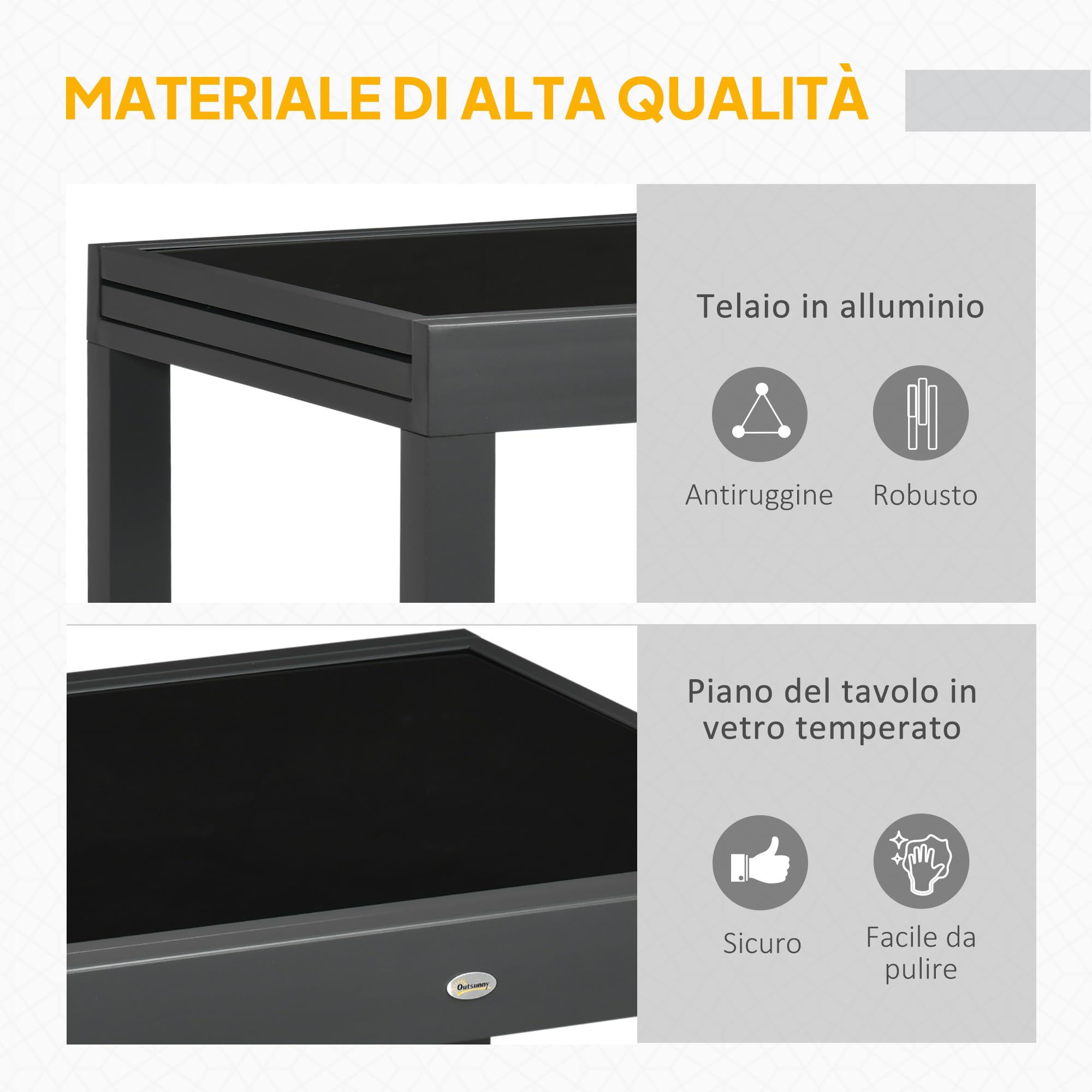 Outsunny Tavolo da Giardino Allungabile da 80/160x80x75 cm, Tavola da Pranzo Estensibile per 4-6 Persone Rettangolare in Alluminio con Piano in Vetro Temperato, Per Patio, Terrazzo, Balcone, Nero