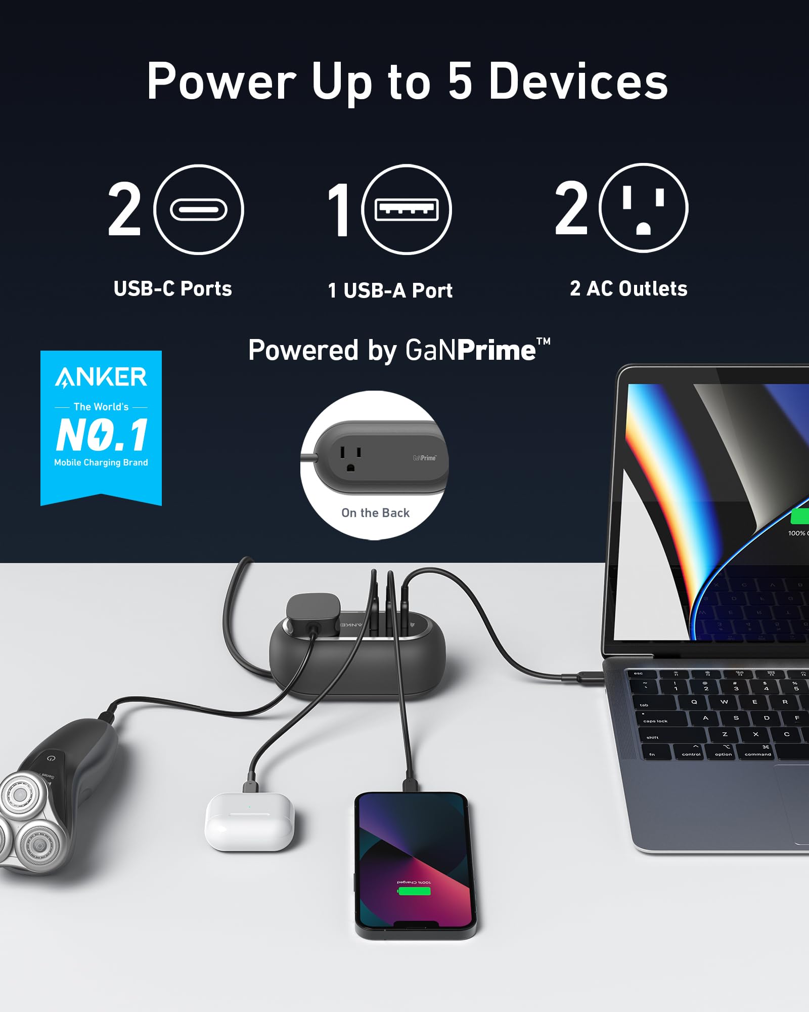 Anker GaNPrime 65W Charging Station, 615 USB-C 5-in-1 Power Strip for Travel and Work with 2AC,2 USB-C, 1 USB-A, 3ft,Power Delivery for iPhone 16/16 Plus/16 Pro/16 Pro Max,and More