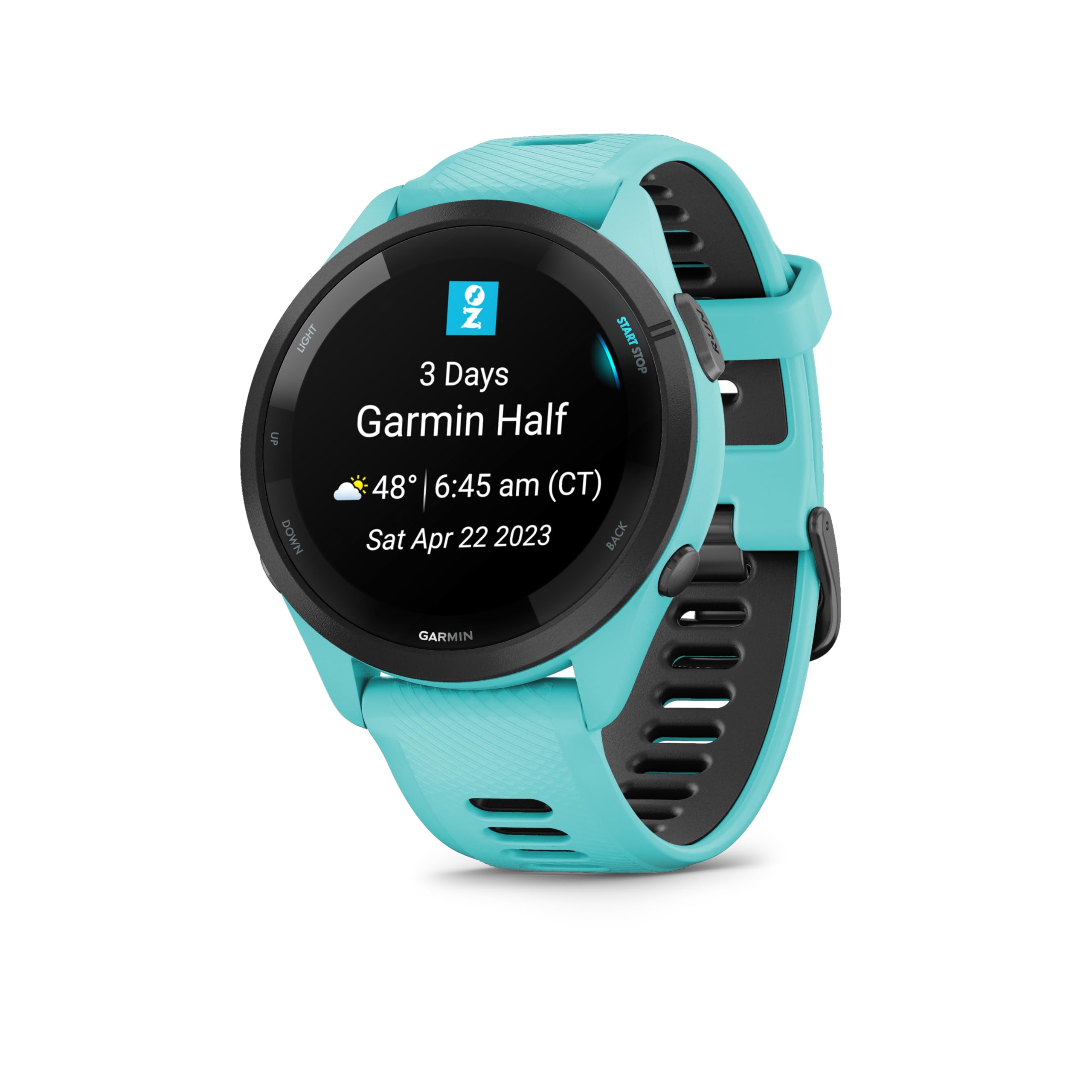 Garmin Forerunner 265 - Montre GPS de Running avec écran AMOLED - Blanche avec Bracelet en Silicone Turquoise/Noir - 3