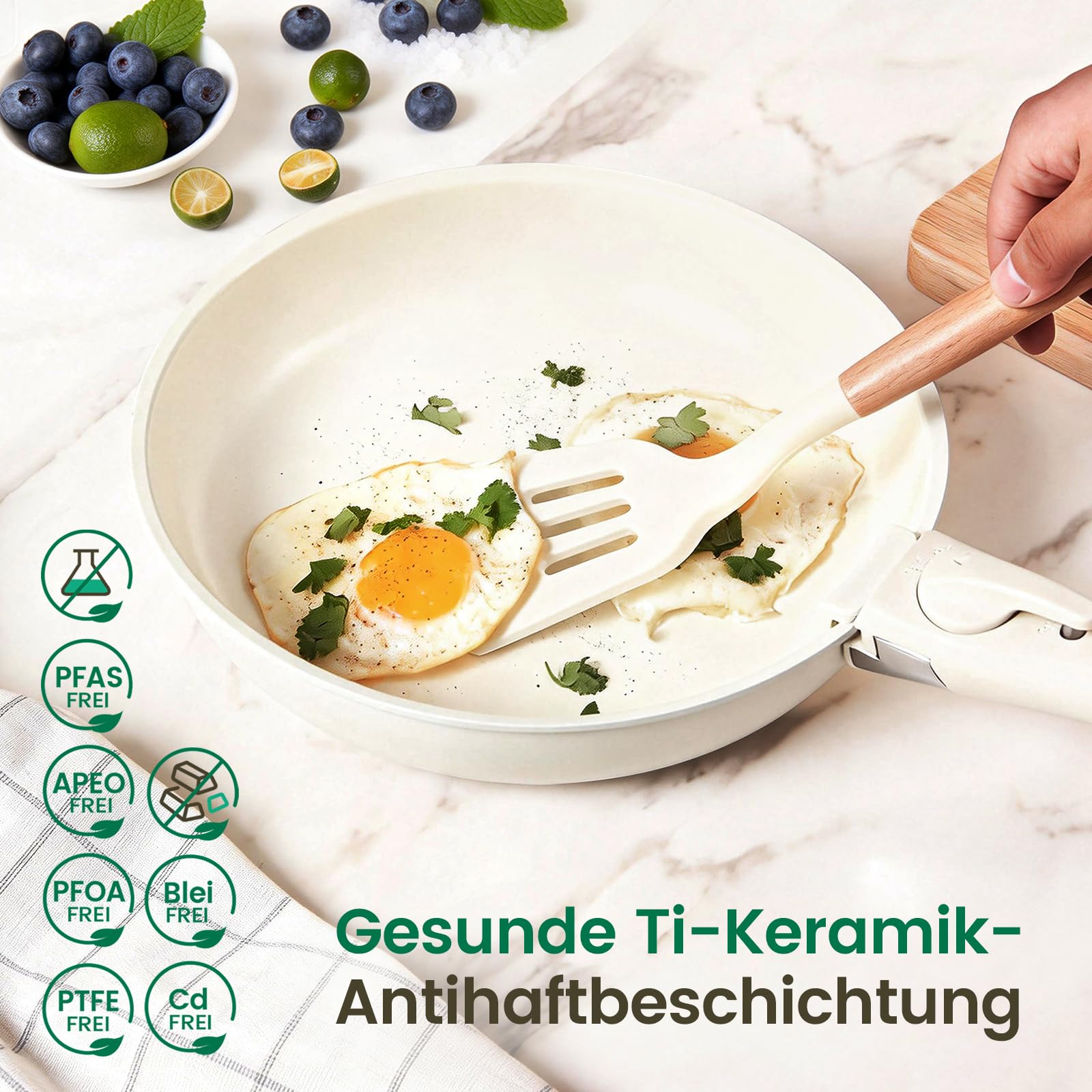 Chef Power 19-teilig Pfannenset Topfset mit abnehmbaren Griffen, Titan-Keramik-Antihaft Kochgeschirr Set, Pfanne 24/28cm, Schmorpfanne 26cm, Töpfe 16/20cm, für alle Herdarten, backofenfest, Weiß
