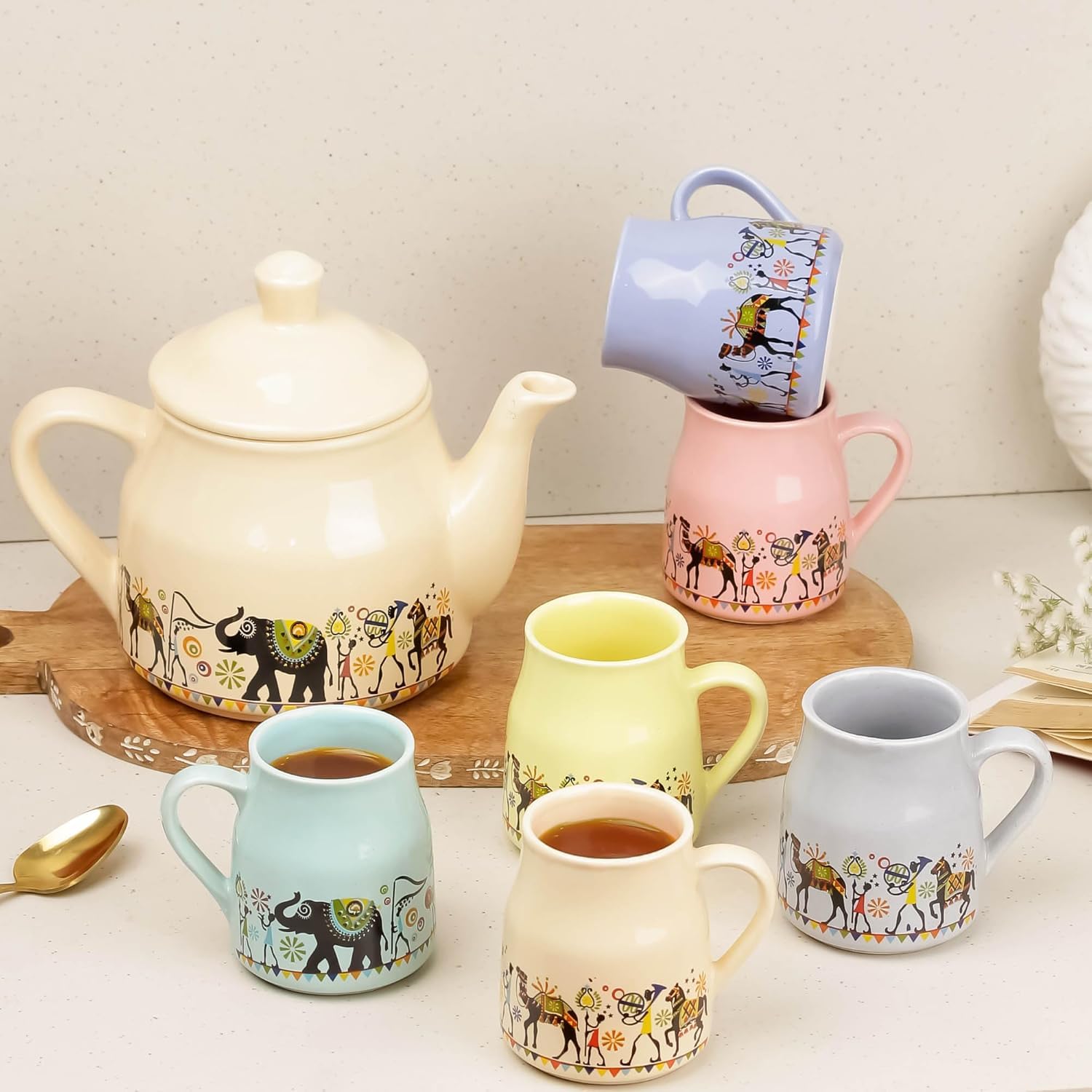 Handcrafted Ceramic Tea Set with Floral Elephant Design, 720 ML Teapot and 150 ML Cup, Traditional Style, Dishwasher Safe