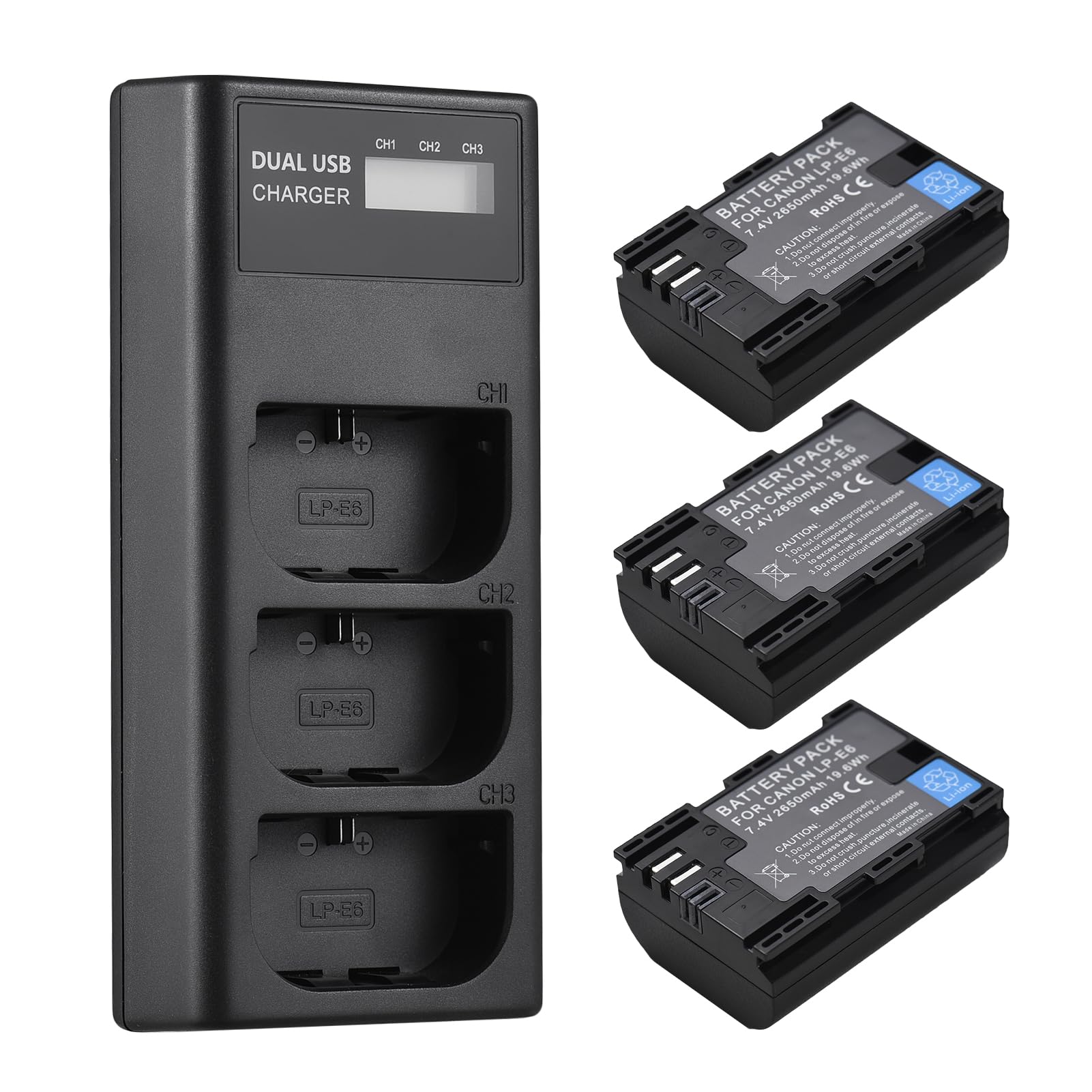 Andoer LP-E6 akumulator zamienny i zestaw ładowarki, ładowarka 3 gniazda + 3 akumulatory LP-E6 2650 mAh kompatybilne z Canon EOS 5D Mark II III IV/5DS/5DS R/6D/6D Mark II/7D Mark II/60D/70D/80D/90D