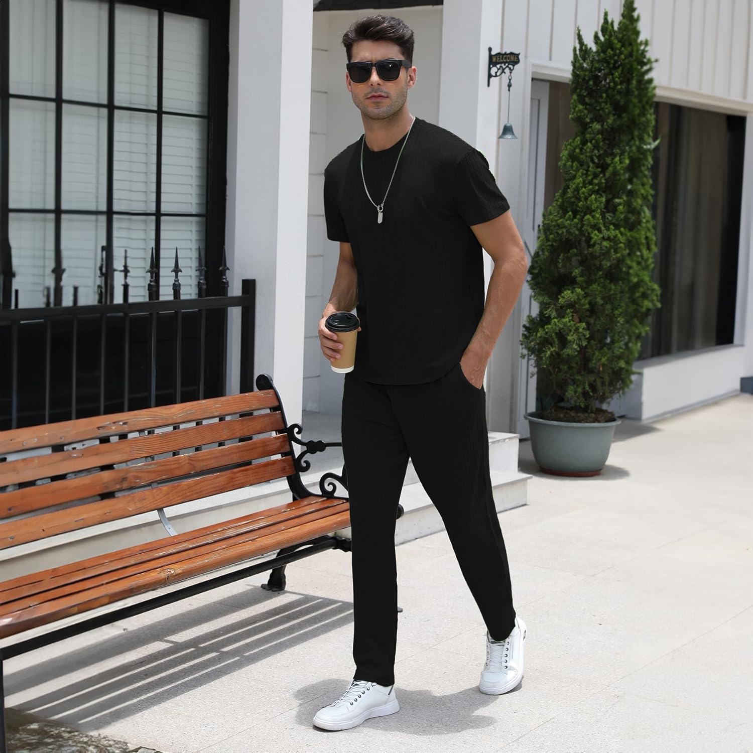 FZNHQL Men's 2 Piece Outfits Sets Sweatsuit Fashion Textured Jacquard Tracksuit Two Piece Men Set
