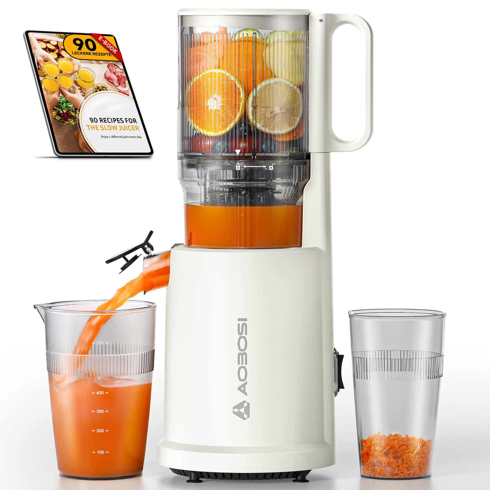 AOBOSI Slow Juicer mit 135 mm großer Einfüllöffnung, 200 W Kaltpress Entsafter mit Rückwärtslauf & Dreifachfilter, BPA-frei & leise, ideal für frischen Saft aus Obst und Gemüse