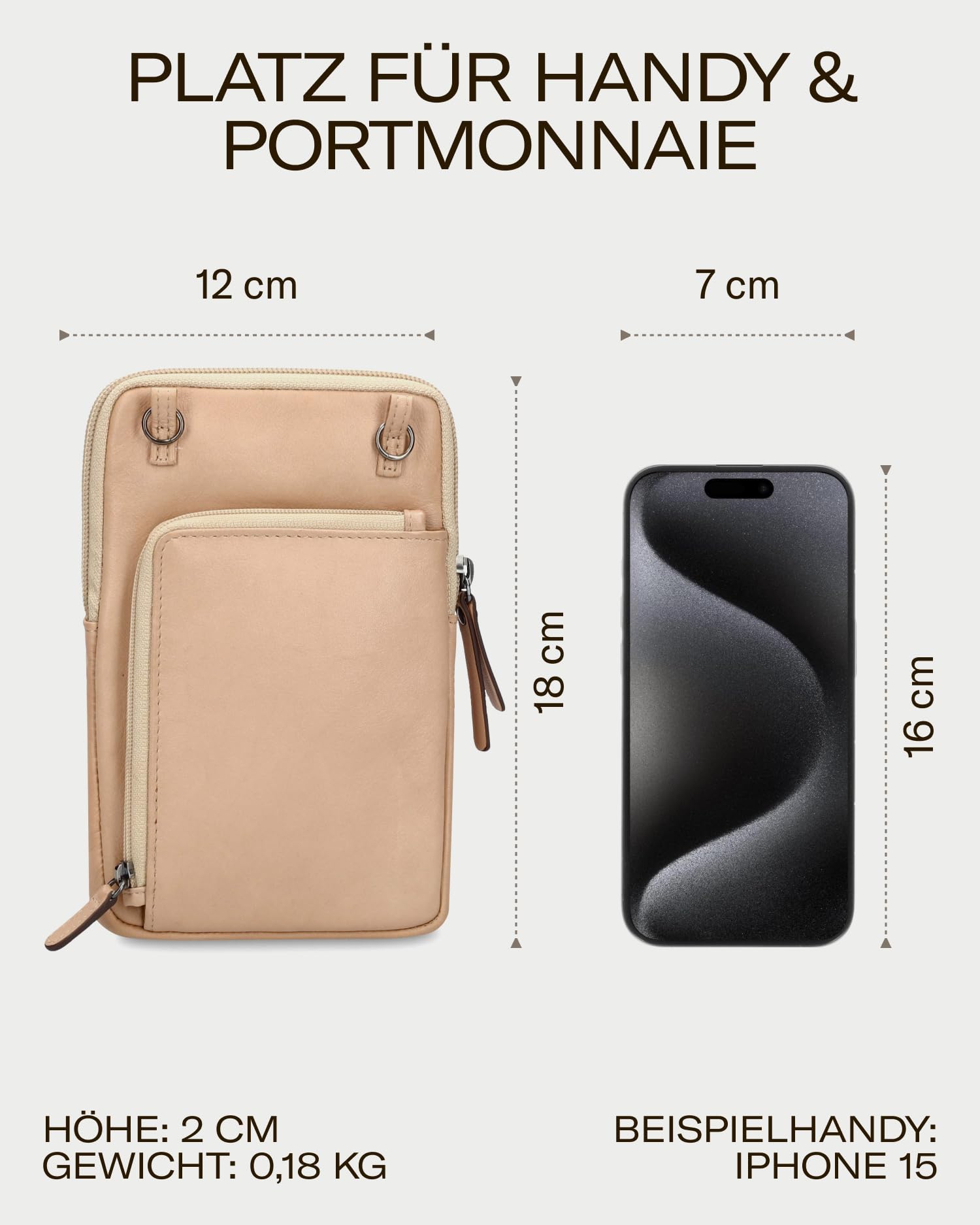 Picard Handytasche zum Umhängen Damen Noel | Handykette aus Leder mit 3 separaten Fächern gesichert durch Reißverschluss & Druckknopf | Elegant, Modern | Handy Umhängetasche