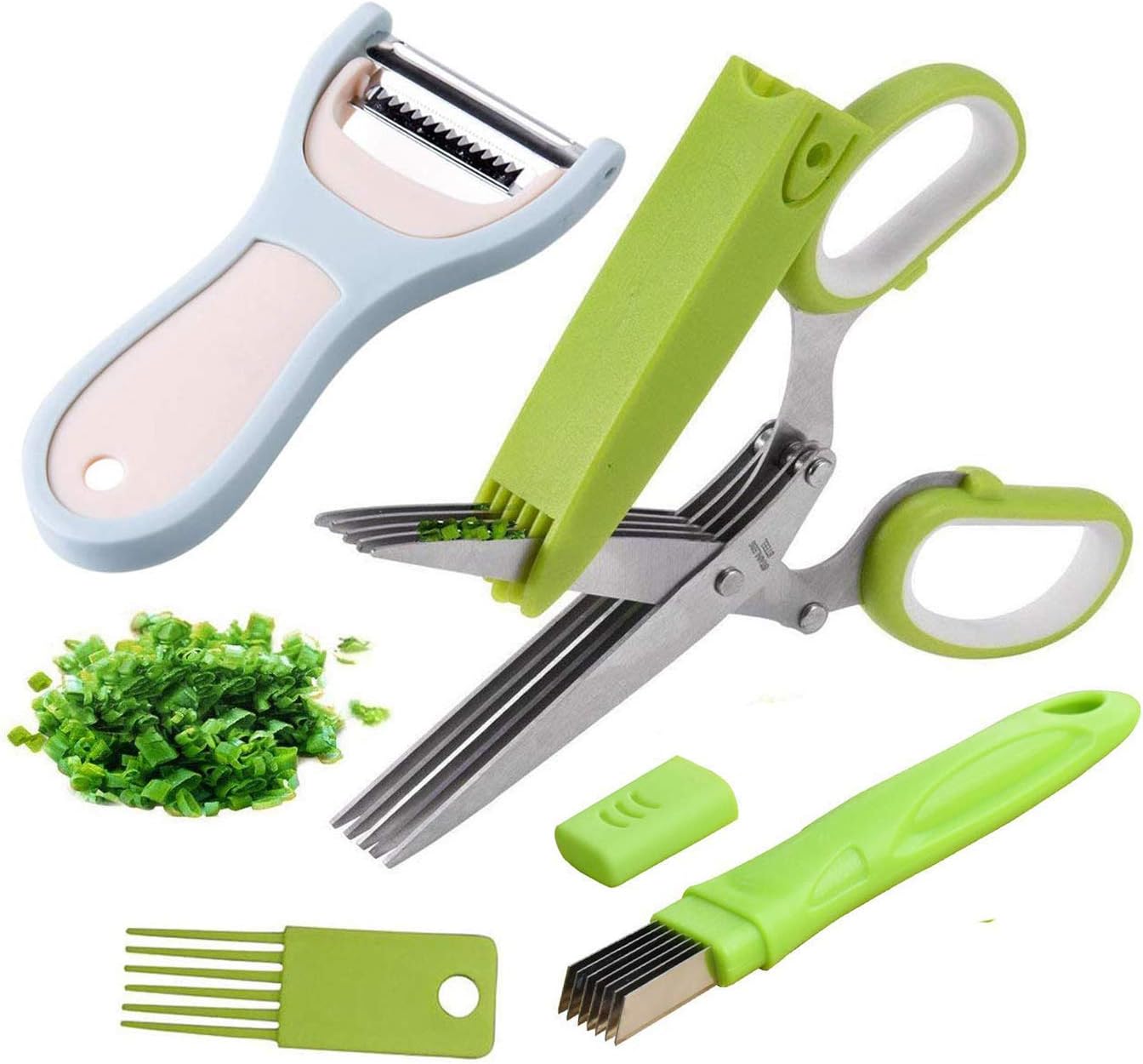 Herb Scissors Set - Kitchen Chopping Shears Multipurpose Herb Cutting Scissors with Stainless Steel 5 Blades and Cover, Cleaning Comb, Green Onion Cutter, Vegetable Peeler Kitchen Gadgets