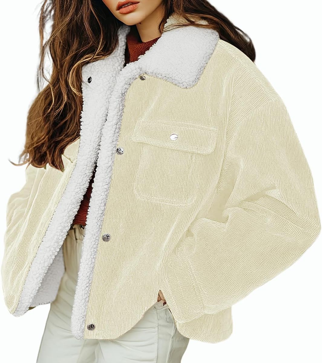 chouyatou Women's Winter Sherpa Fleece Lined Corduroy Coat Button Down Warm Faux Fur Jacket Outerwear