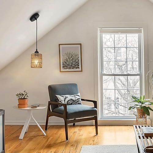 Miniatura 8 de Luces colgantes de ratán de 1 luz, iluminación colgante bohemia con pantalla tejida a mano de 4.7 x 5.9 pulgadas, pequeña lámpara de mimbre para