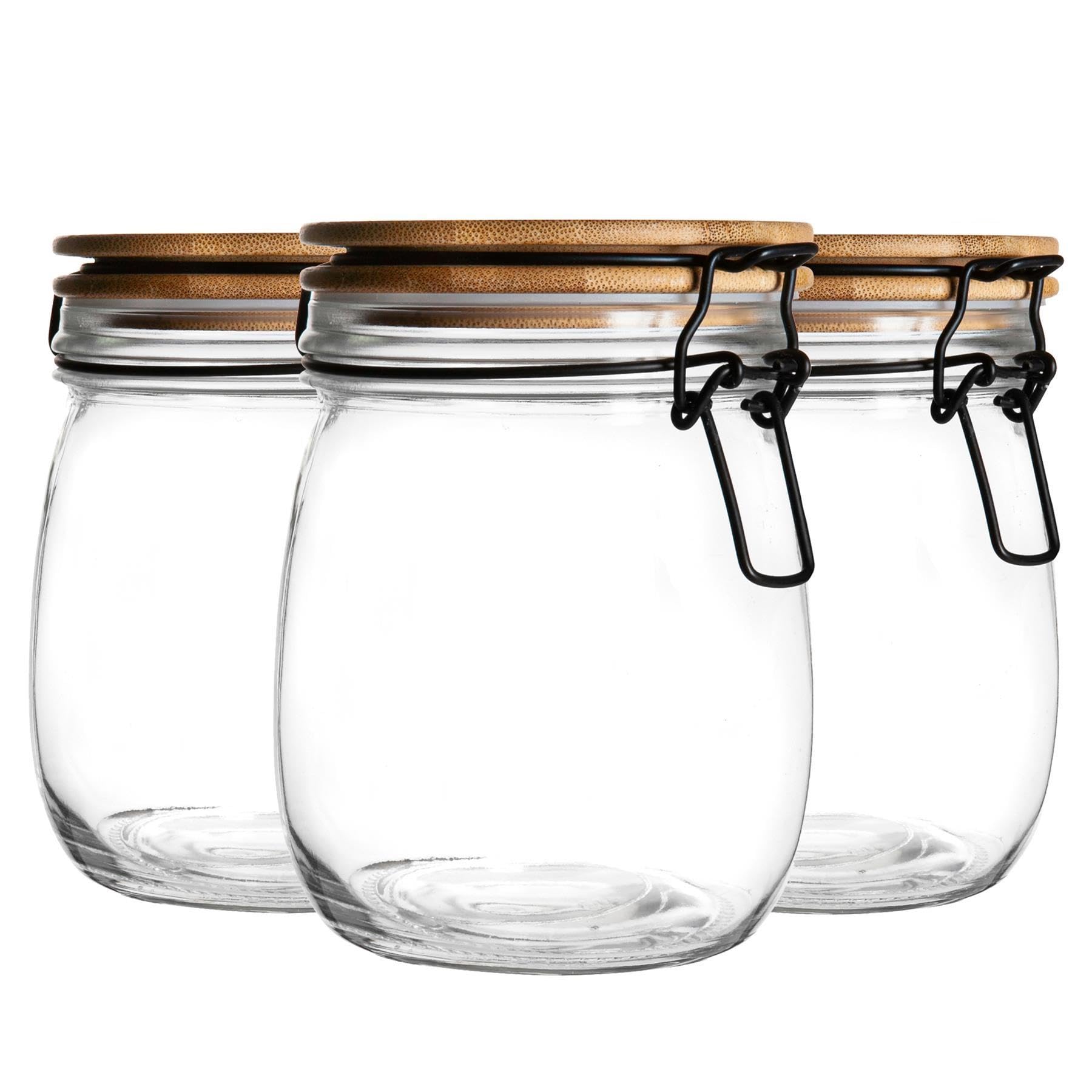 Argon Tableware Glass Storage Jar with Airtight Wooden Clip Lid - 750ml - 6 Pack - Kitchen Container Round Preserving Jar for Pickling, Chutney, Jam, Coffee, Oats