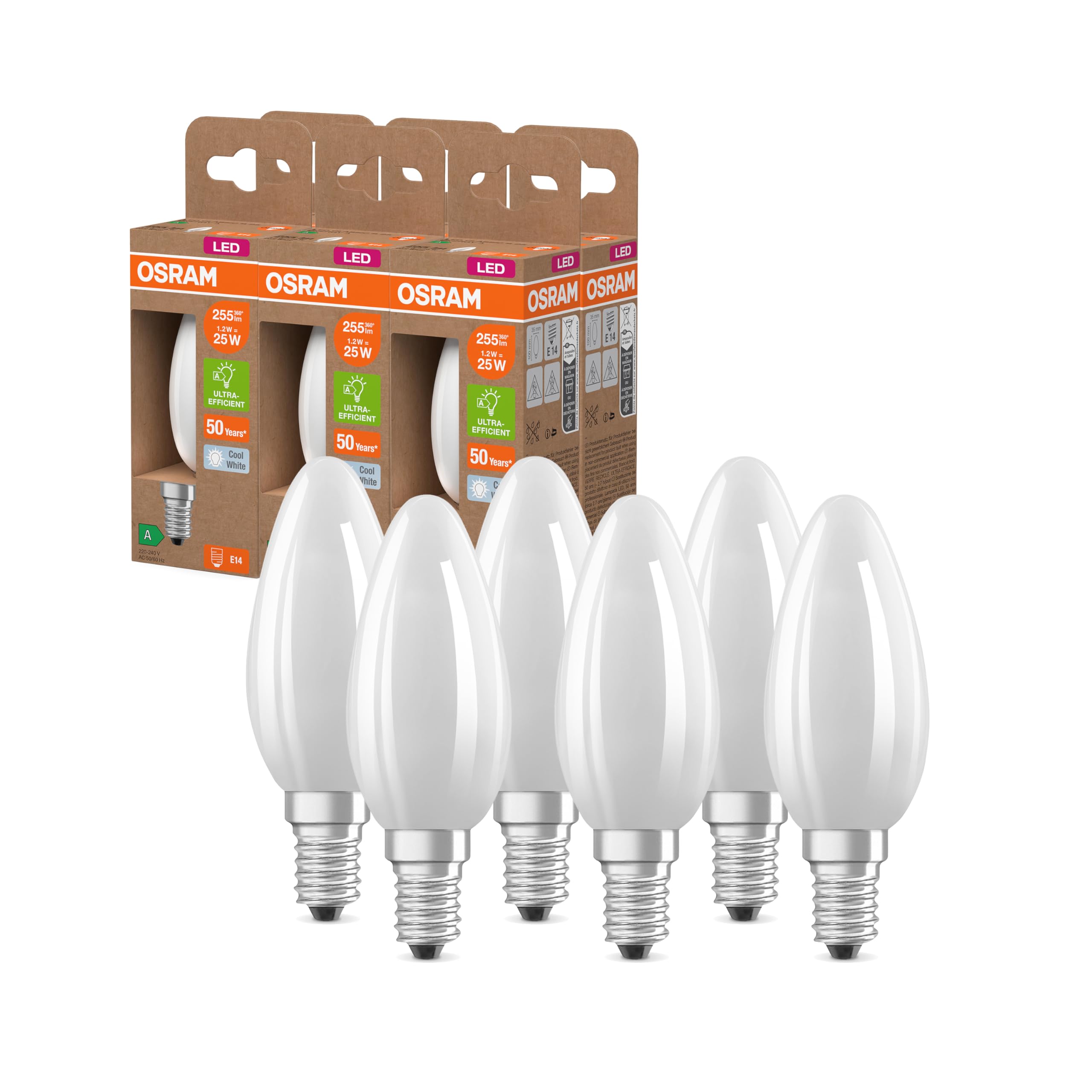 Osram nella classica forma Edison, con filamento LED decorativo, classe di efficienza energetica A, E27, 2,2 W, 470 lm, 4000 K, bianco freddo. subito leggero al 100%, confezione da 6