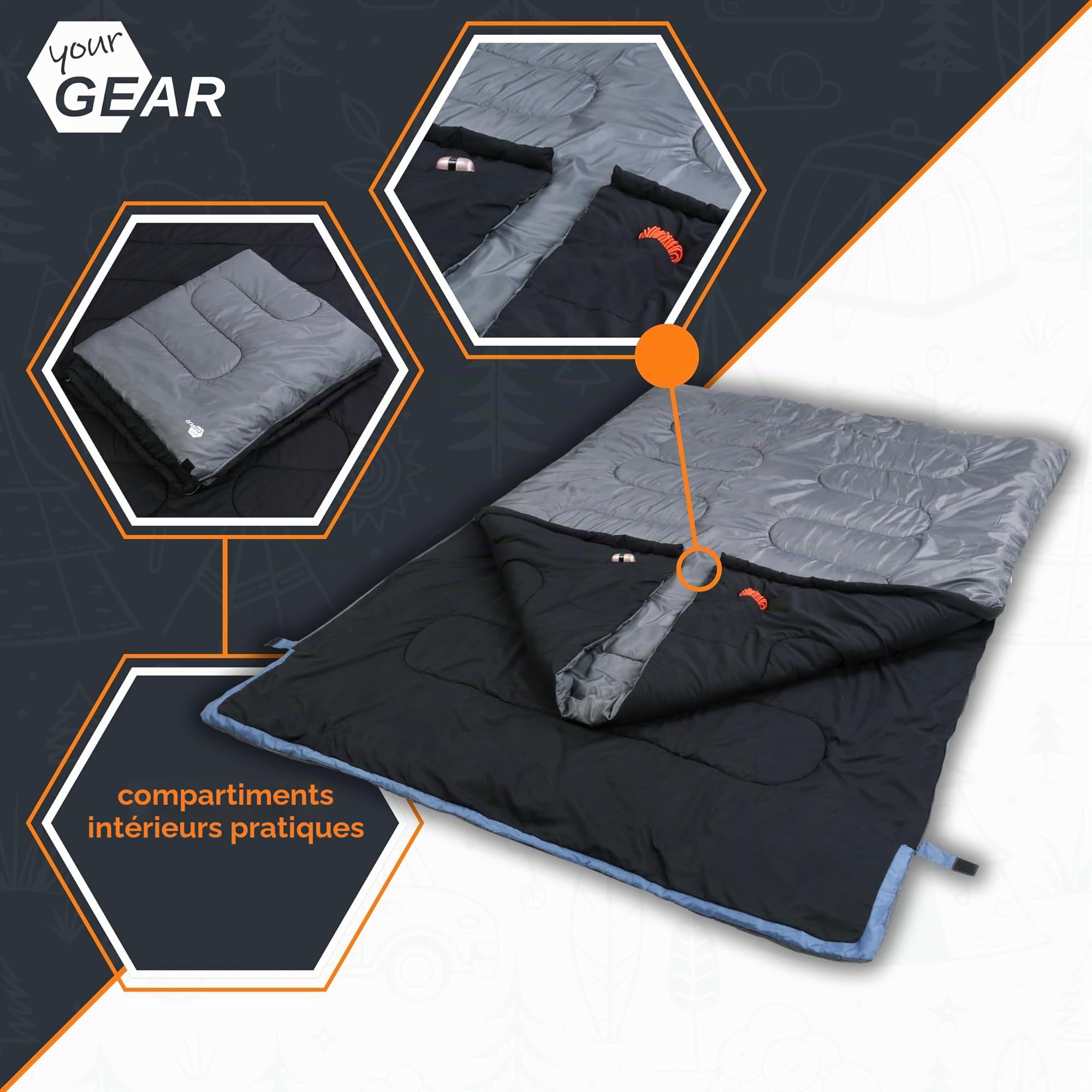 your GEAR Sac de couchage double Marin - XXL - Pour 2 personnes - 220 x 150 cm - Divisible en 2 sacs de couchage individuels - Sac de couchage de camping 3 saisons - Confort +11 °C/extrême -7 °C
