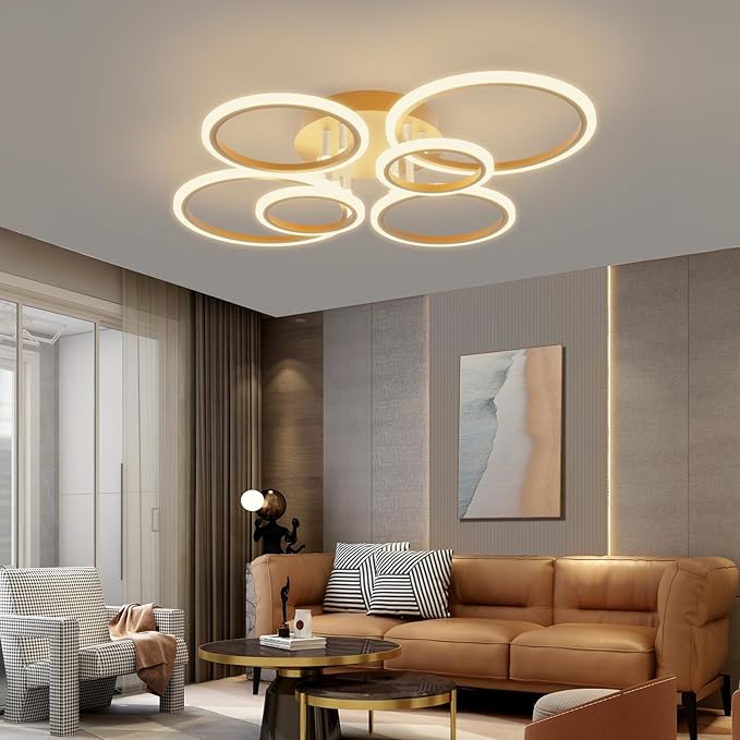 YUNLONG Ring led-lampen plafondlampen, woonkamerlamp plafond met afstandsbediening app, plafondlamp dimbaar, geheugenfunctie, plafondlamp met afstandsbediening voor lobby, hotel, kantoor, goud photo 2