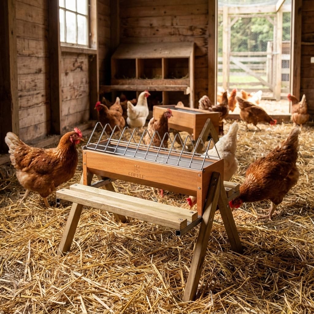 Suinga COMEDERO GALLINAS Corral con Patas Fabricado en Madera Largo 56 x Ancho 20 cm x Alto 60 cm