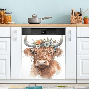 Dishwasher Magnet Cover Front Door Cute Highland Cow Decorative Refrigerator Covers Magnetic Sheet Sticker Watercolor Wash Machine Fridge Panel Decal for Kitchen Appliance 23x26 in