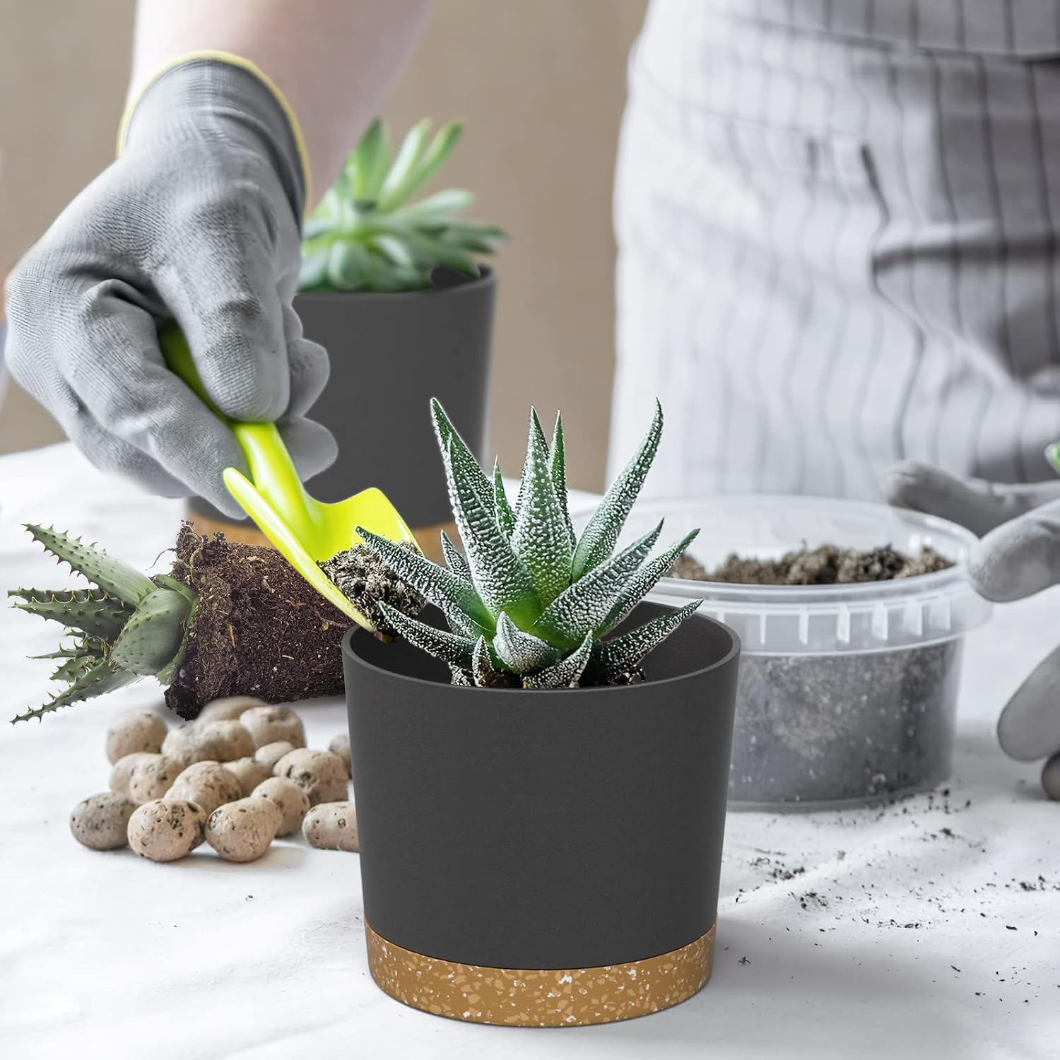 ZMTECH 4.7/6/7/8.5 Inch Modern Plastic Planters(Gray) 3.2mm Thickened Self Watering Plant Pots with Drainage Hole& Removable Tray/ Saucer Flower Pots for Plants House Succulents Indoor Outdoor