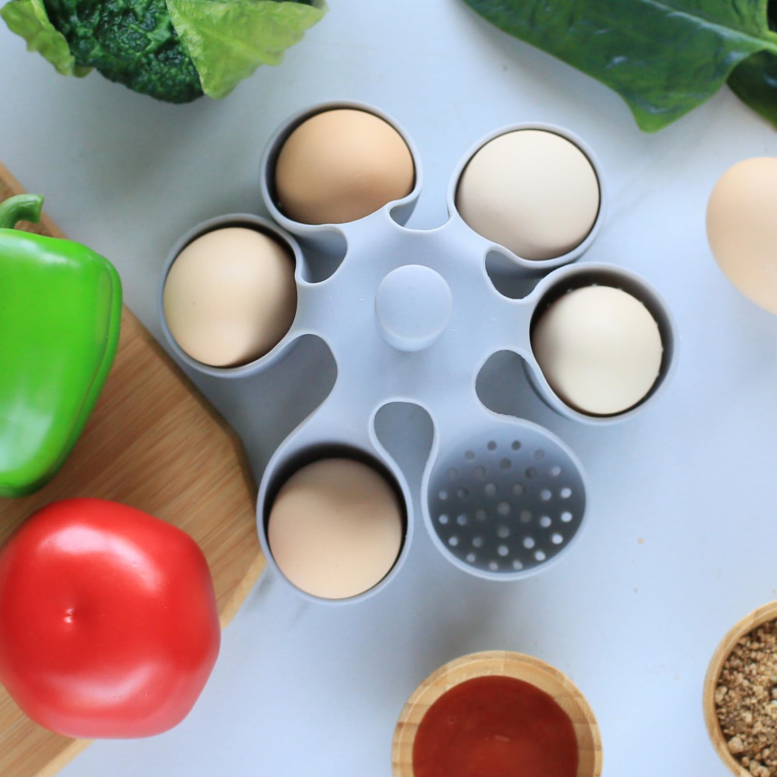Caldera de huevos de silicona para huevos duros y suaves, cocina de silicona de grado alimenticio con 6 soportes, accesorio de cocina para cocinar/servir huevos con asa, apto para lavavajillas 8