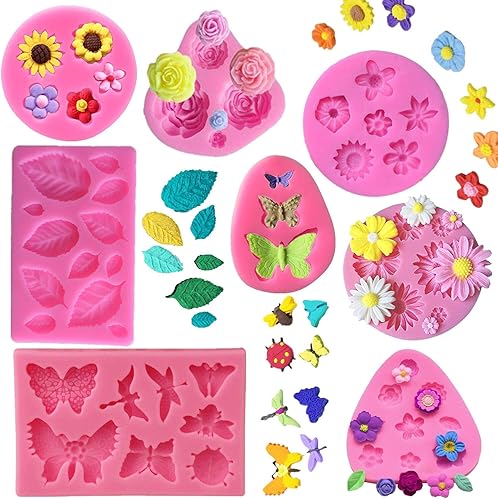 KULENAND Juego de 8 moldes de pastel de fondant de flores margarita de mariposa rosa hojas de rosa y mini flores moldes de silicona de caramelo para KULENAND Juego de 8 moldes de pastel de fondant de flores margarita de mariposa rosa hojas de rosa y mini flores moldes de silicona de caramelo para